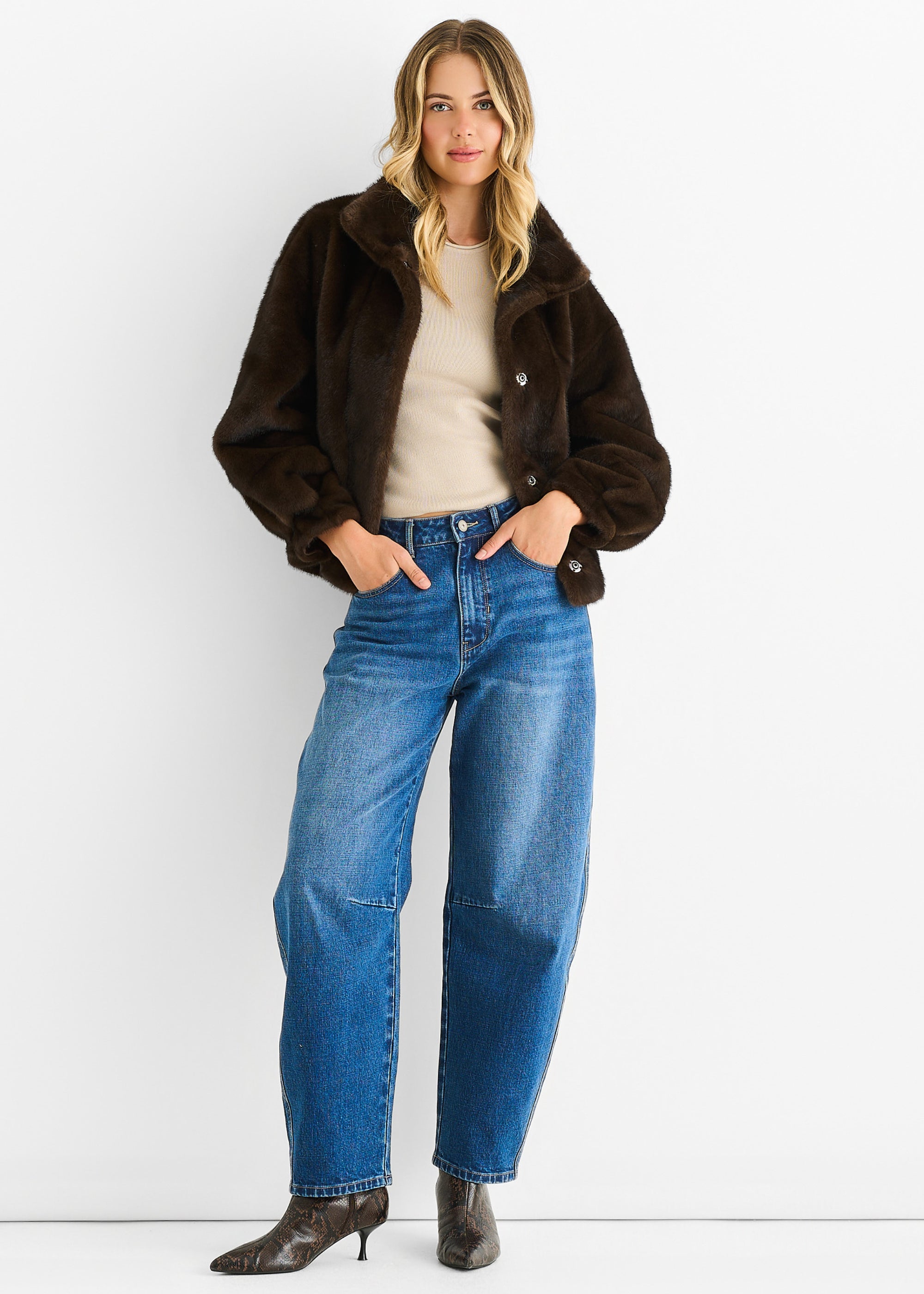 Coffee Funnel Neck Button Up Faux Fur Jacket