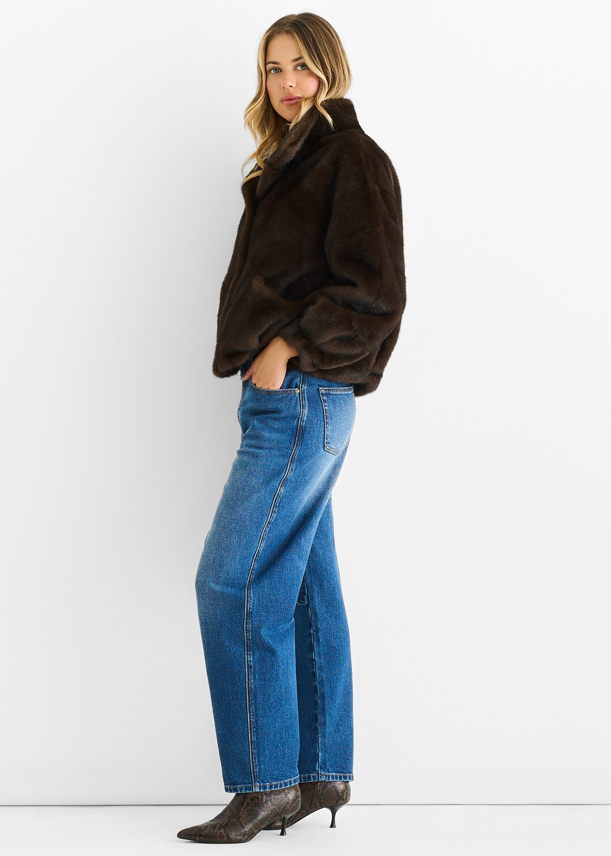 Coffee Funnel Neck Button Up Faux Fur Jacket