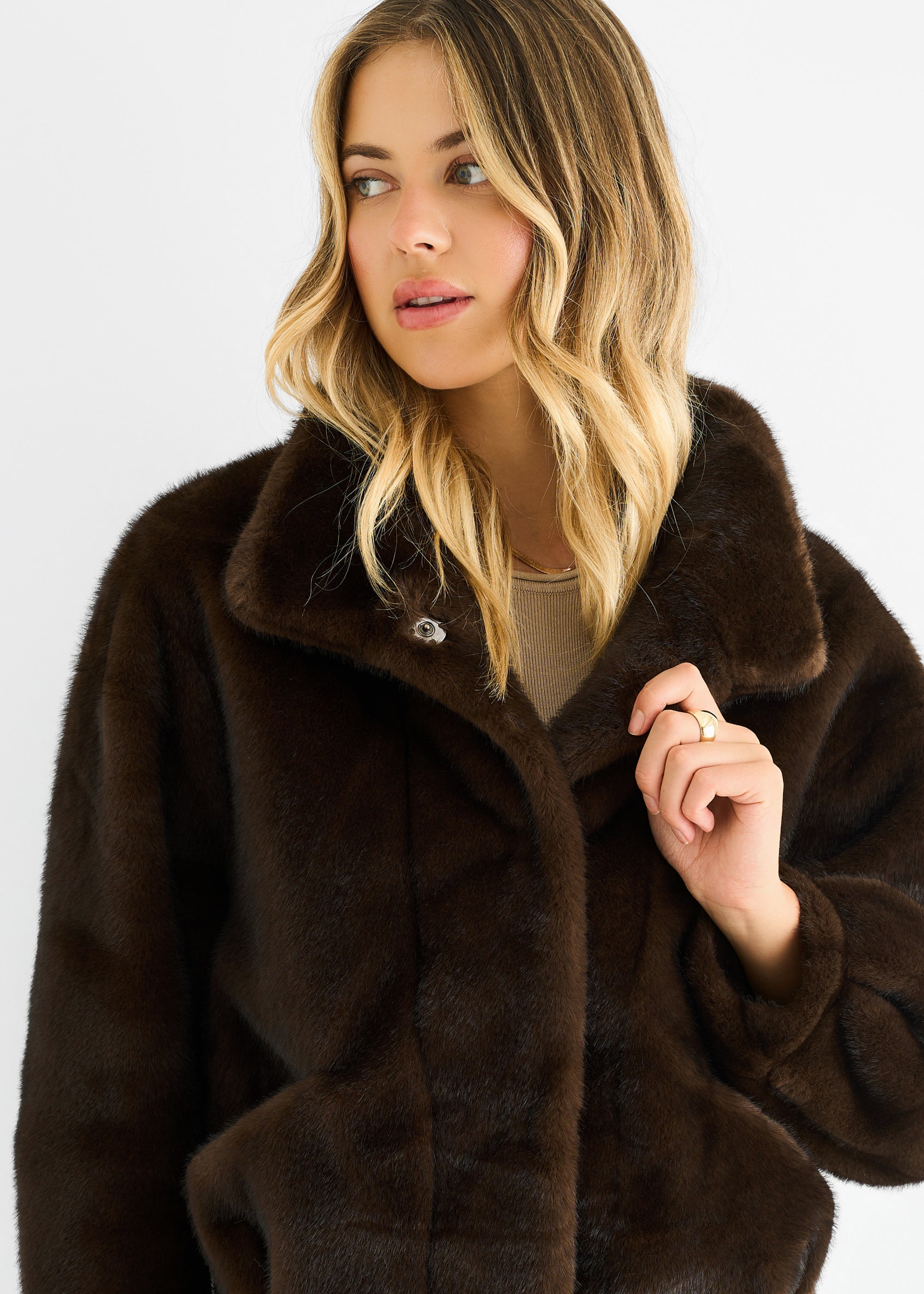Coffee Funnel Neck Button Up Faux Fur Jacket