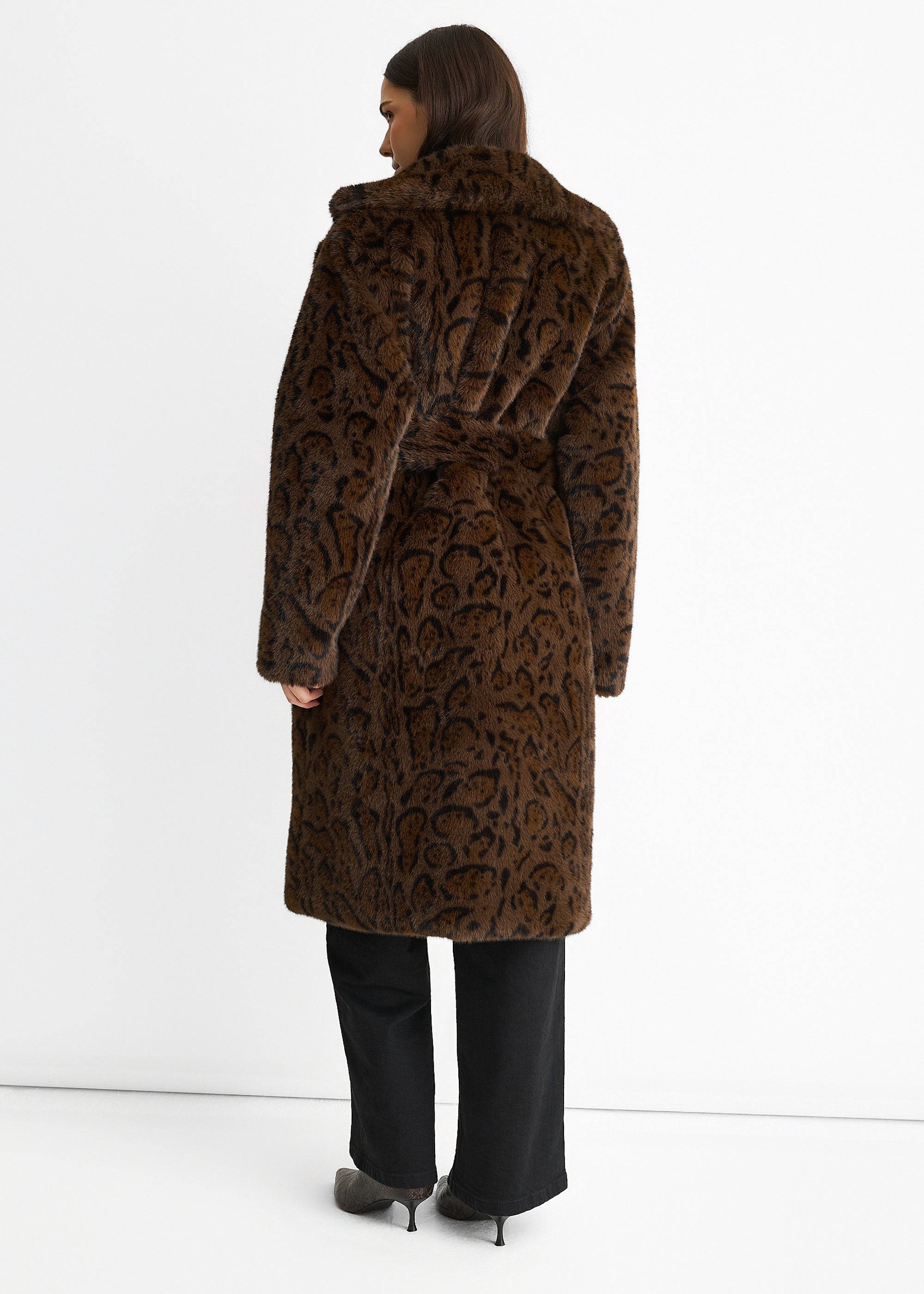 Chocolate Animal Print Premium Faux Fur Belted Long Coat