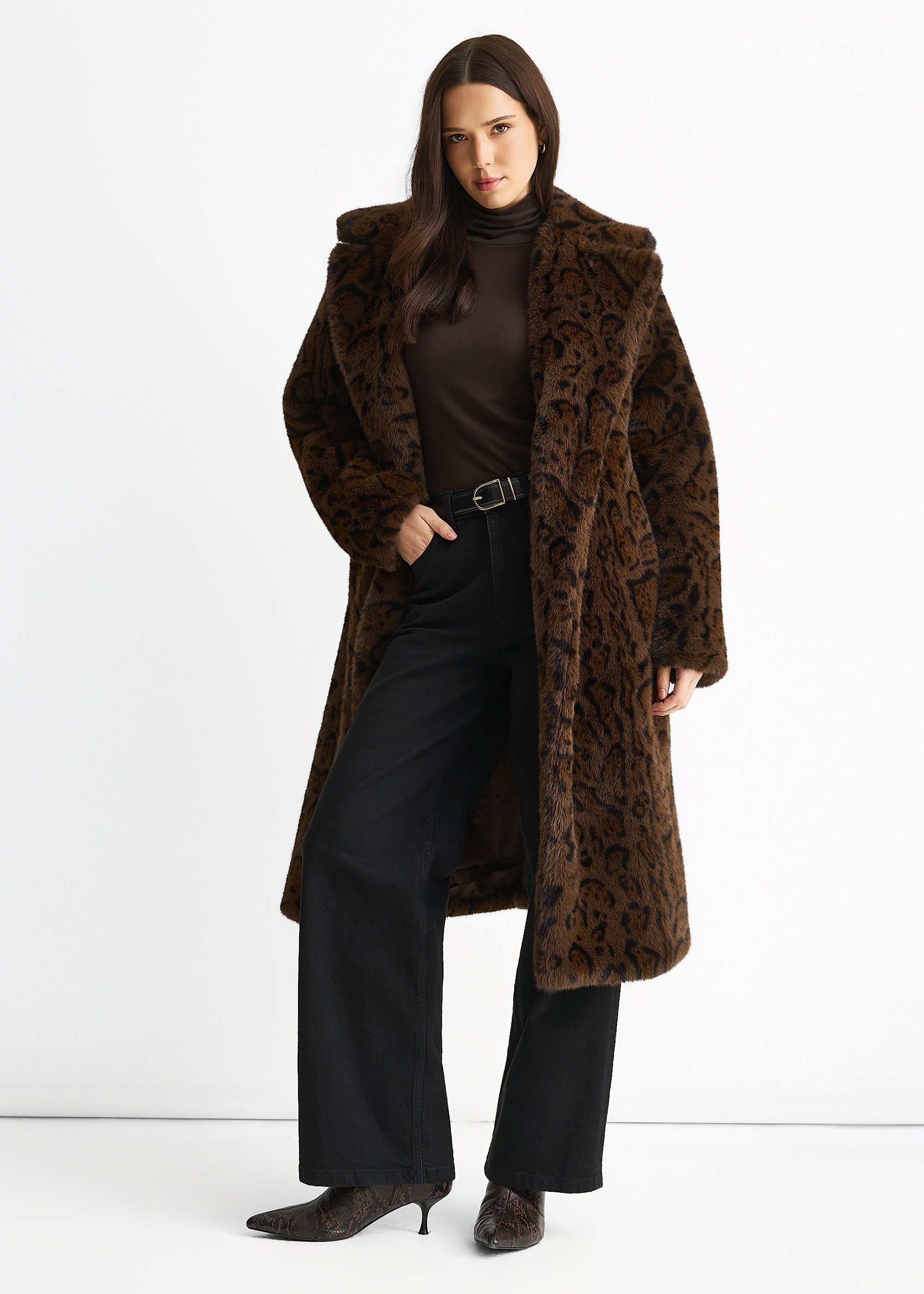 Chocolate Animal Print Premium Faux Fur Belted Long Coat
