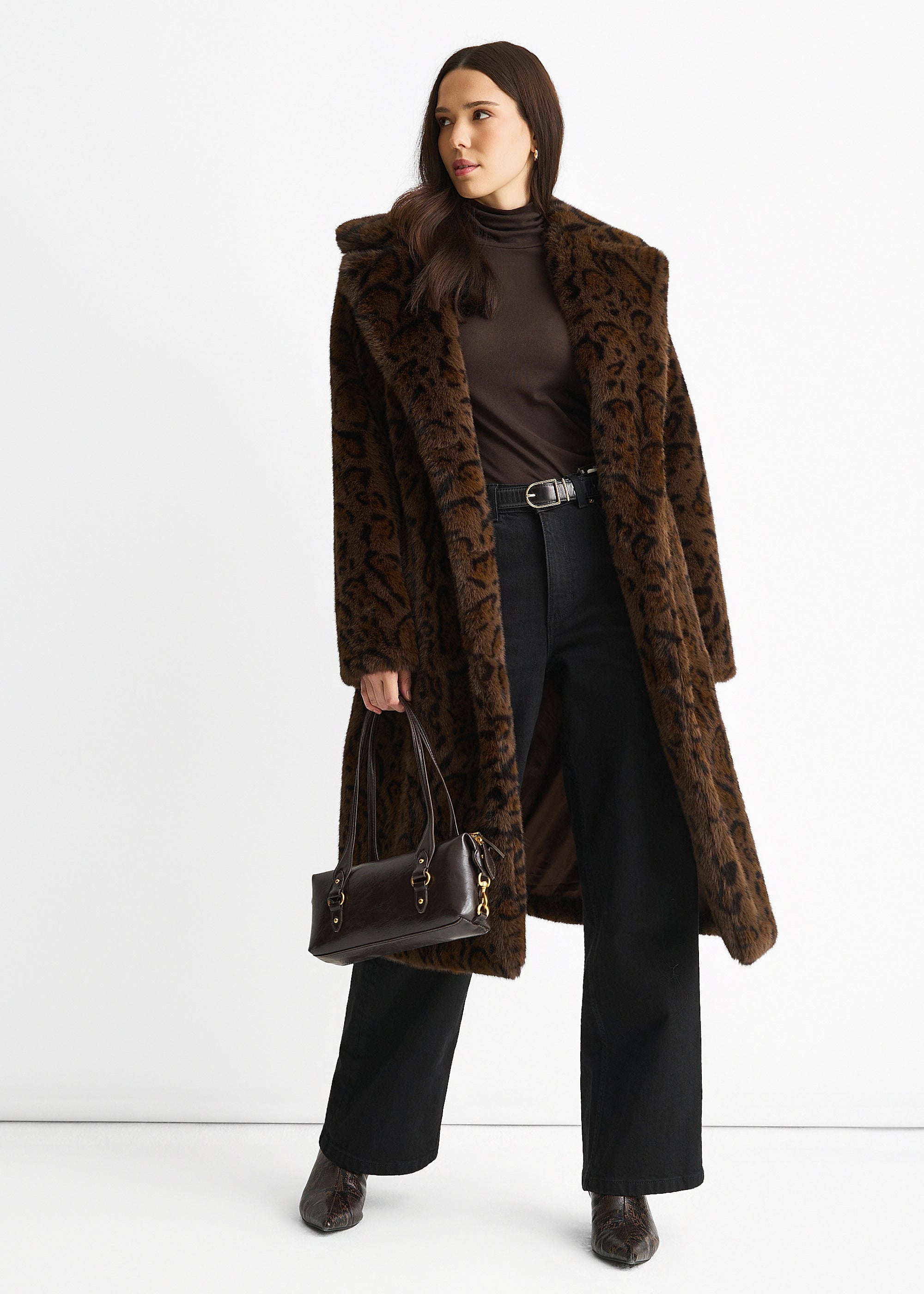 Chocolate Animal Print Premium Faux Fur Belted Long Coat