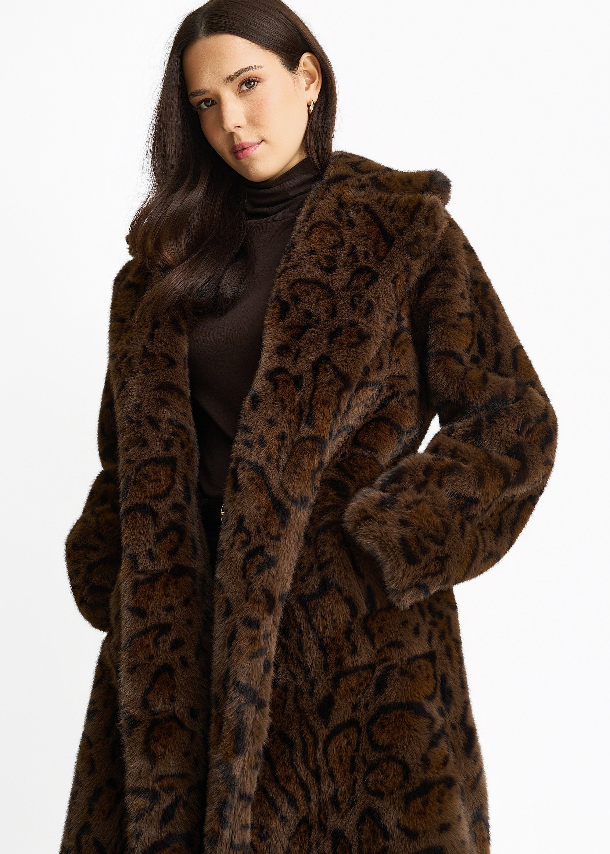 Chocolate Animal Print Premium Faux Fur Belted Long Coat