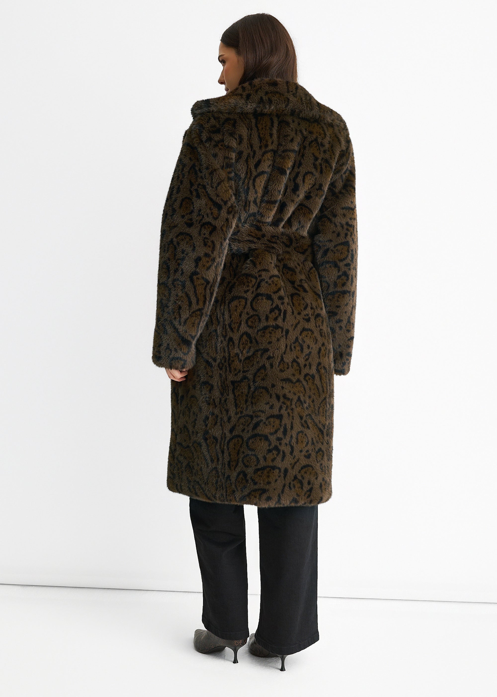 Chocolate Leopard Print Premium Faux Fur Belted Coat