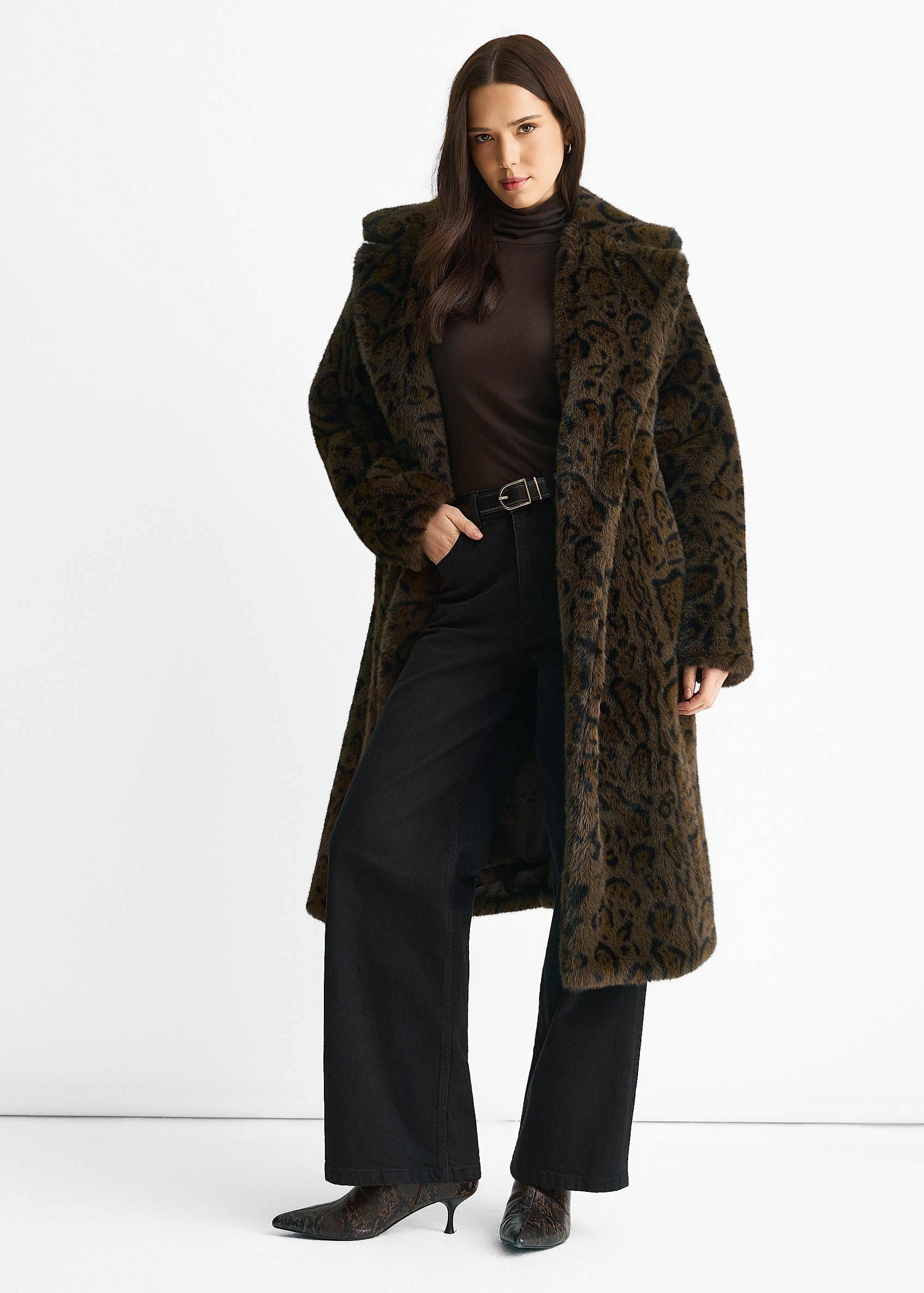 Chocolate Leopard Print Premium Faux Fur Belted Coat
