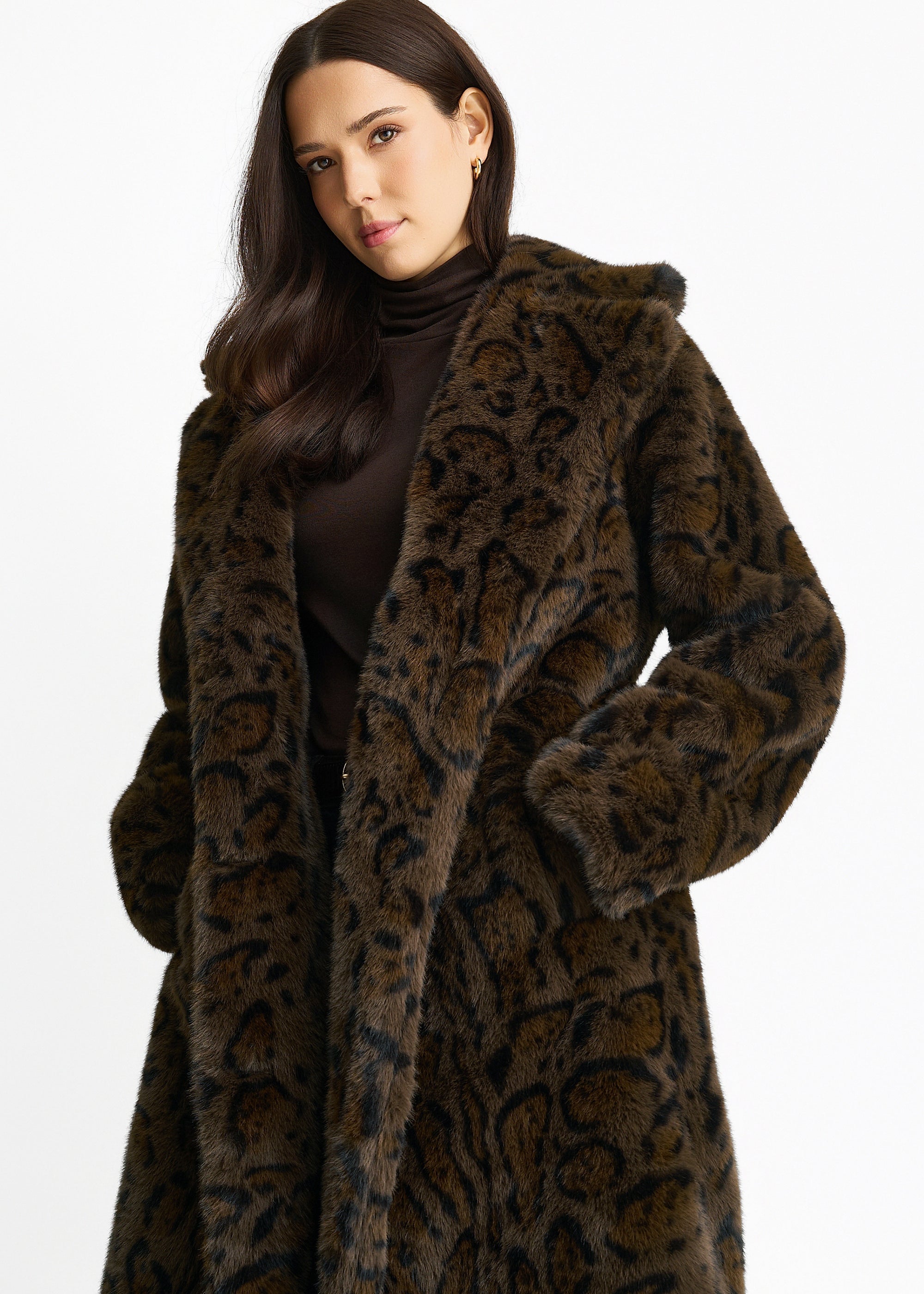 Chocolate Leopard Print Premium Faux Fur Belted Coat