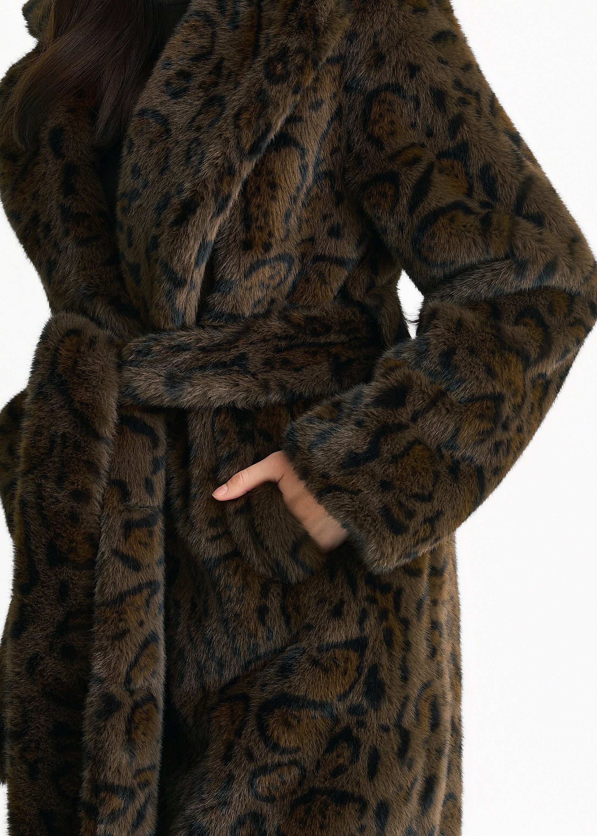 Chocolate Leopard Print Premium Faux Fur Belted Coat