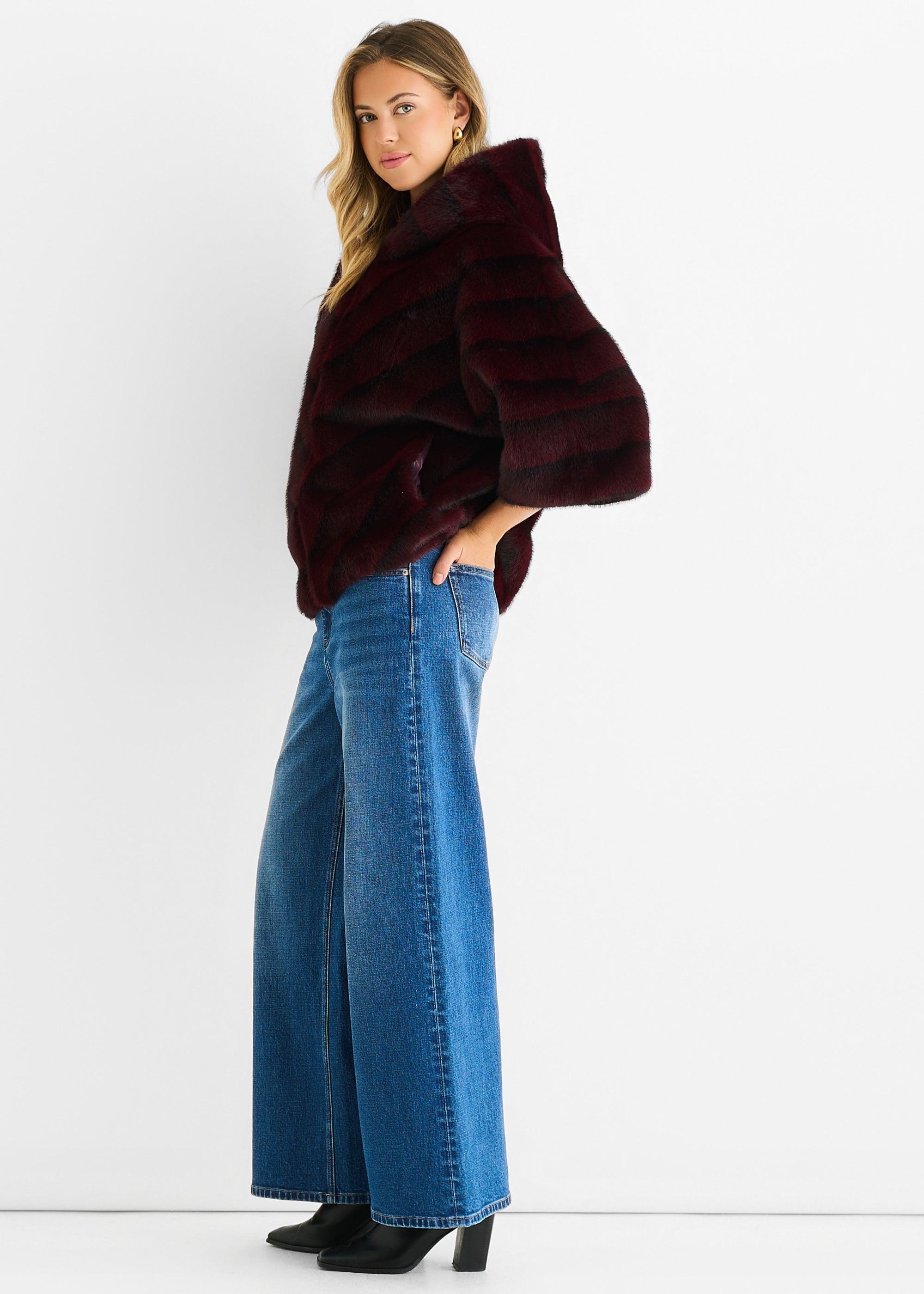 Burgundy Hooded Chevron Faux Fur Cape Jacket