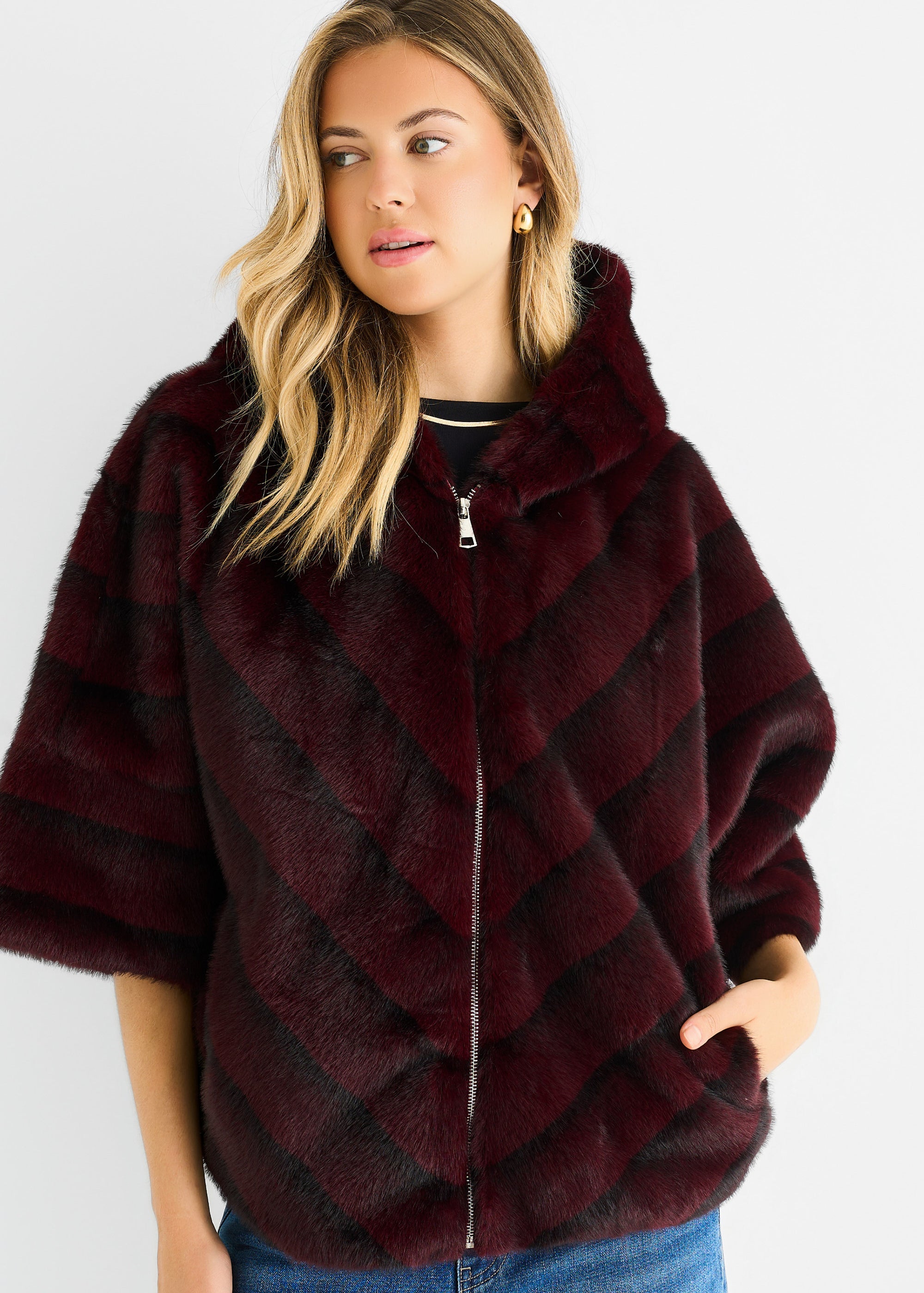 Burgundy Hooded Chevron Faux Fur Cape Jacket