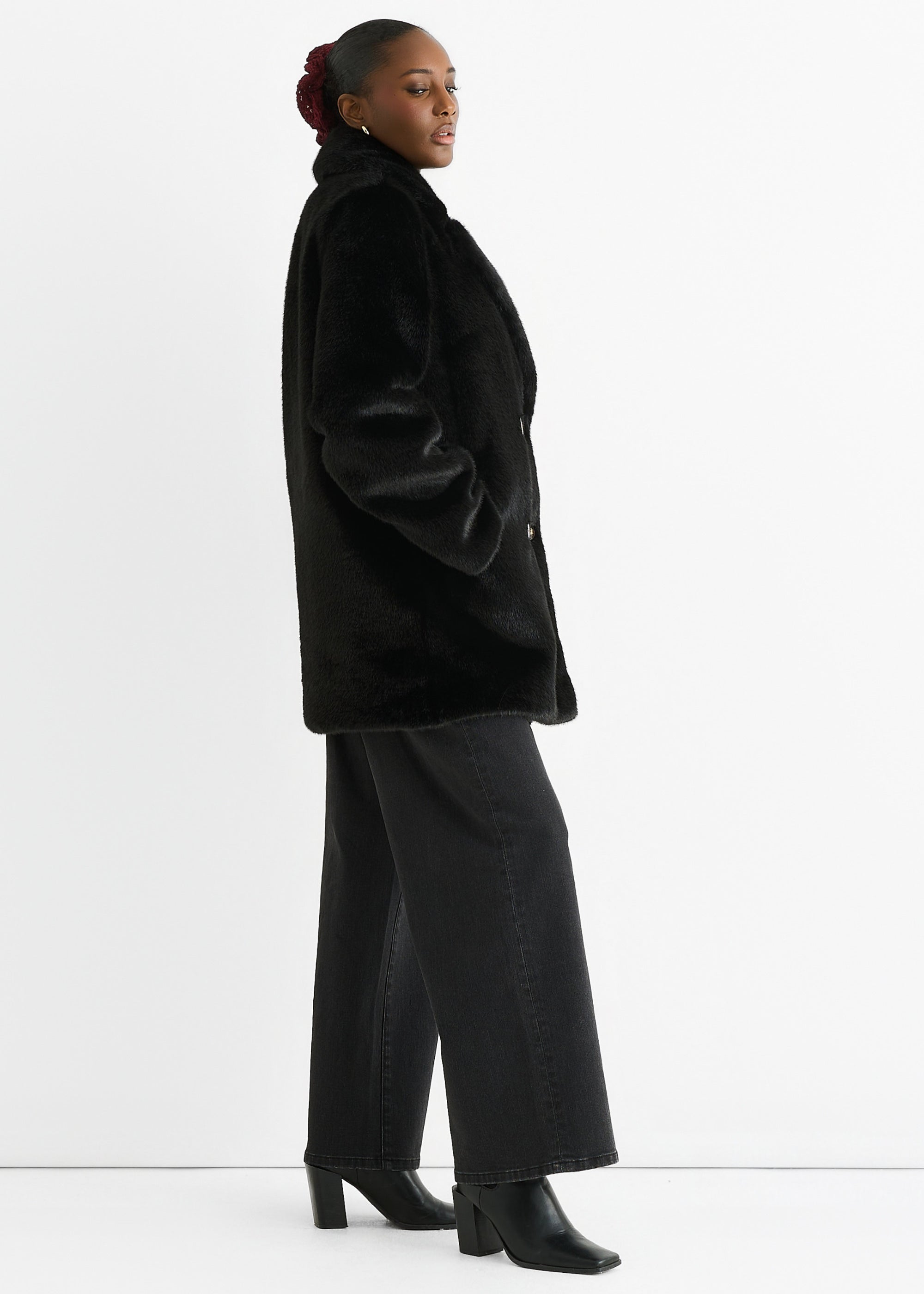 Black Faux Fur Double Breasted Longline Jacket