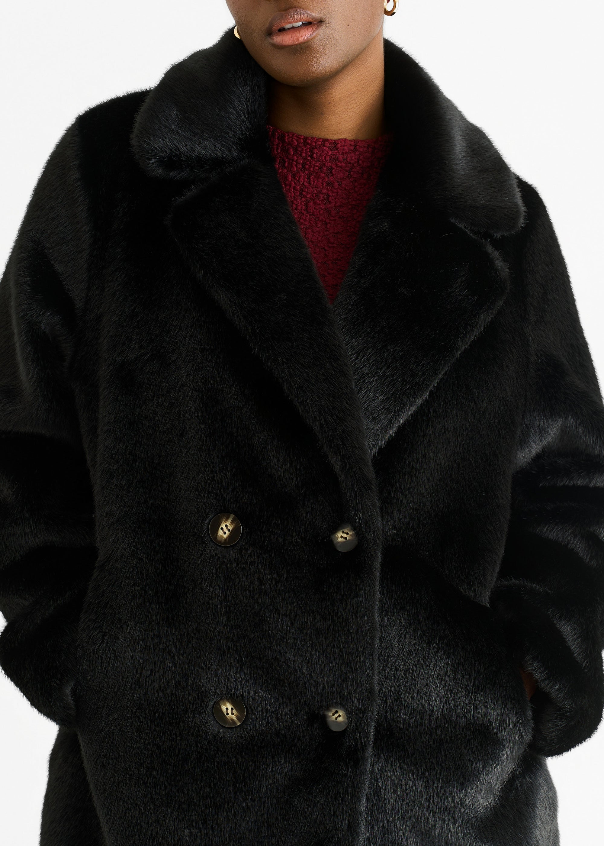 Black Faux Fur Double Breasted Longline Jacket