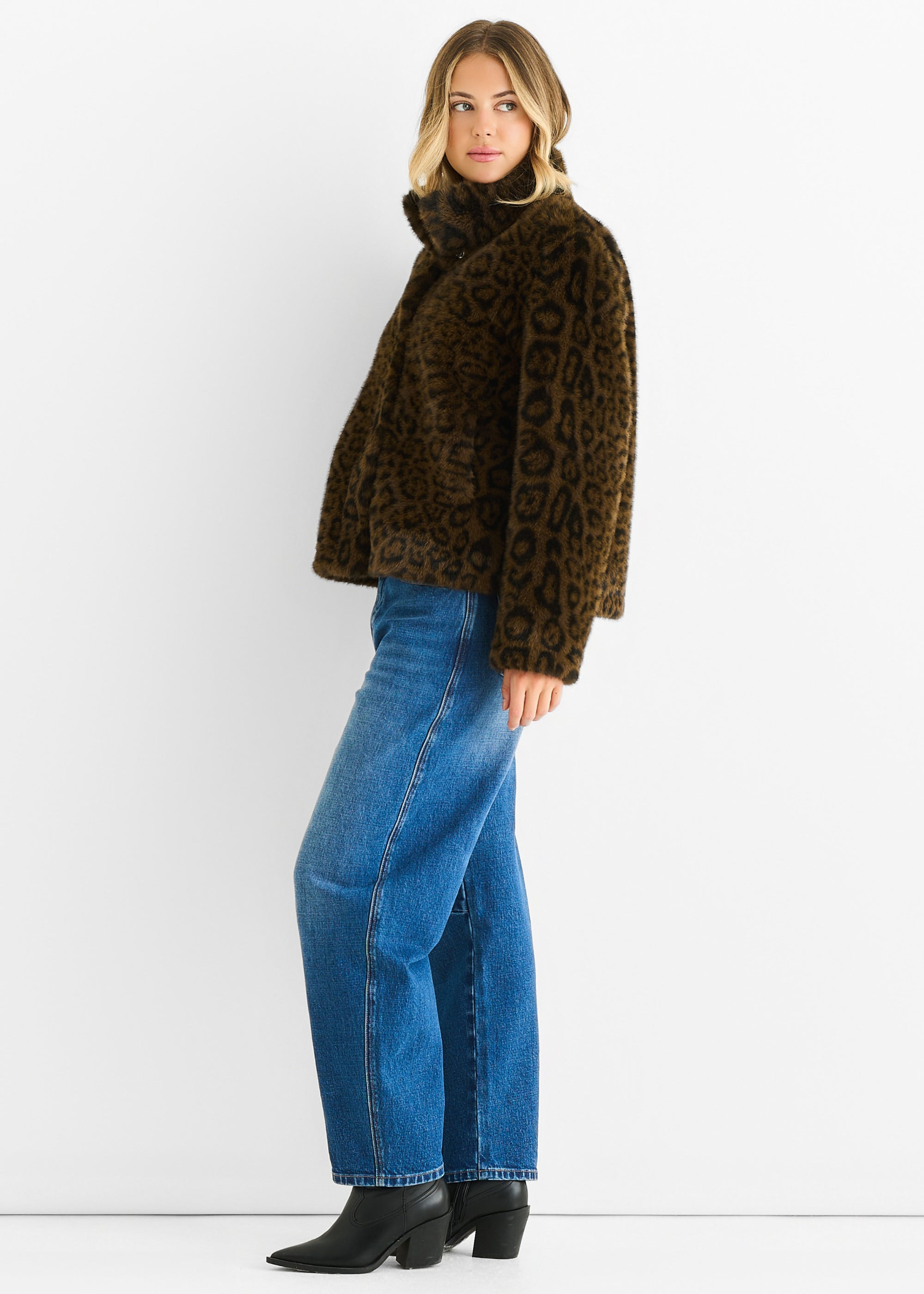 Brown Funnel Neck Animal Print Faux Fur Jacket