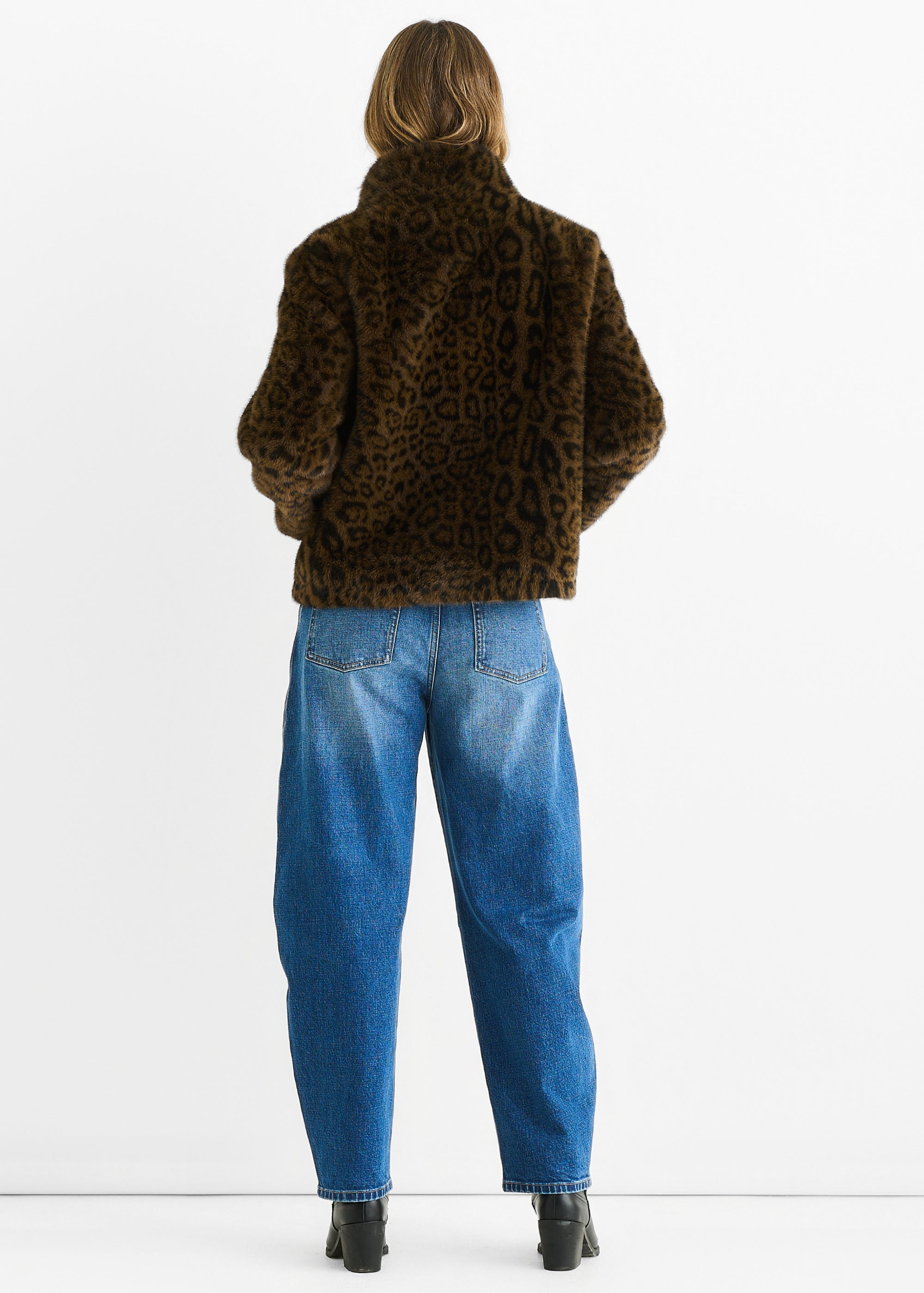 Brown Funnel Neck Animal Print Faux Fur Jacket