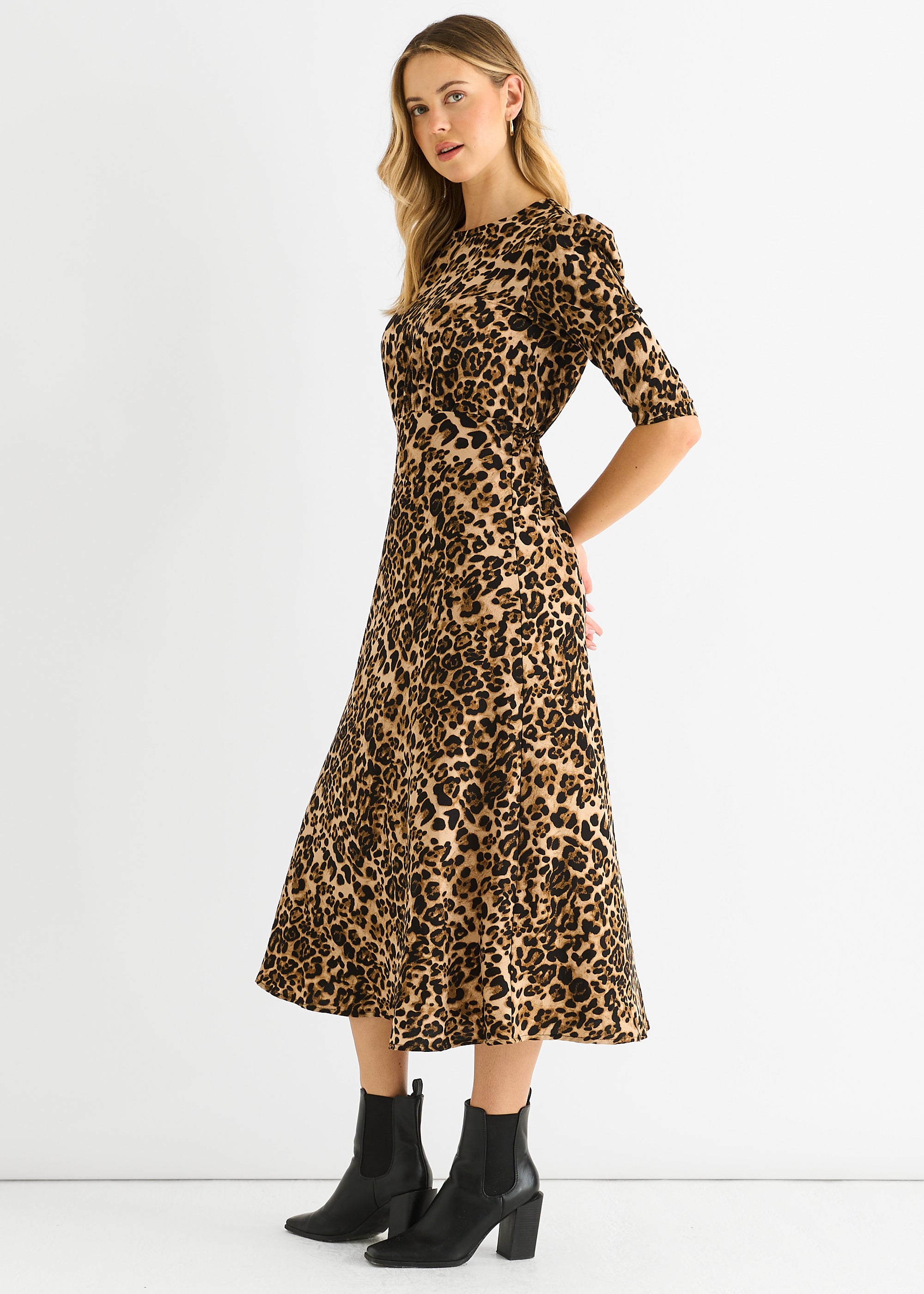 Brown Animal Print Satin Animal Shift Midi Dress