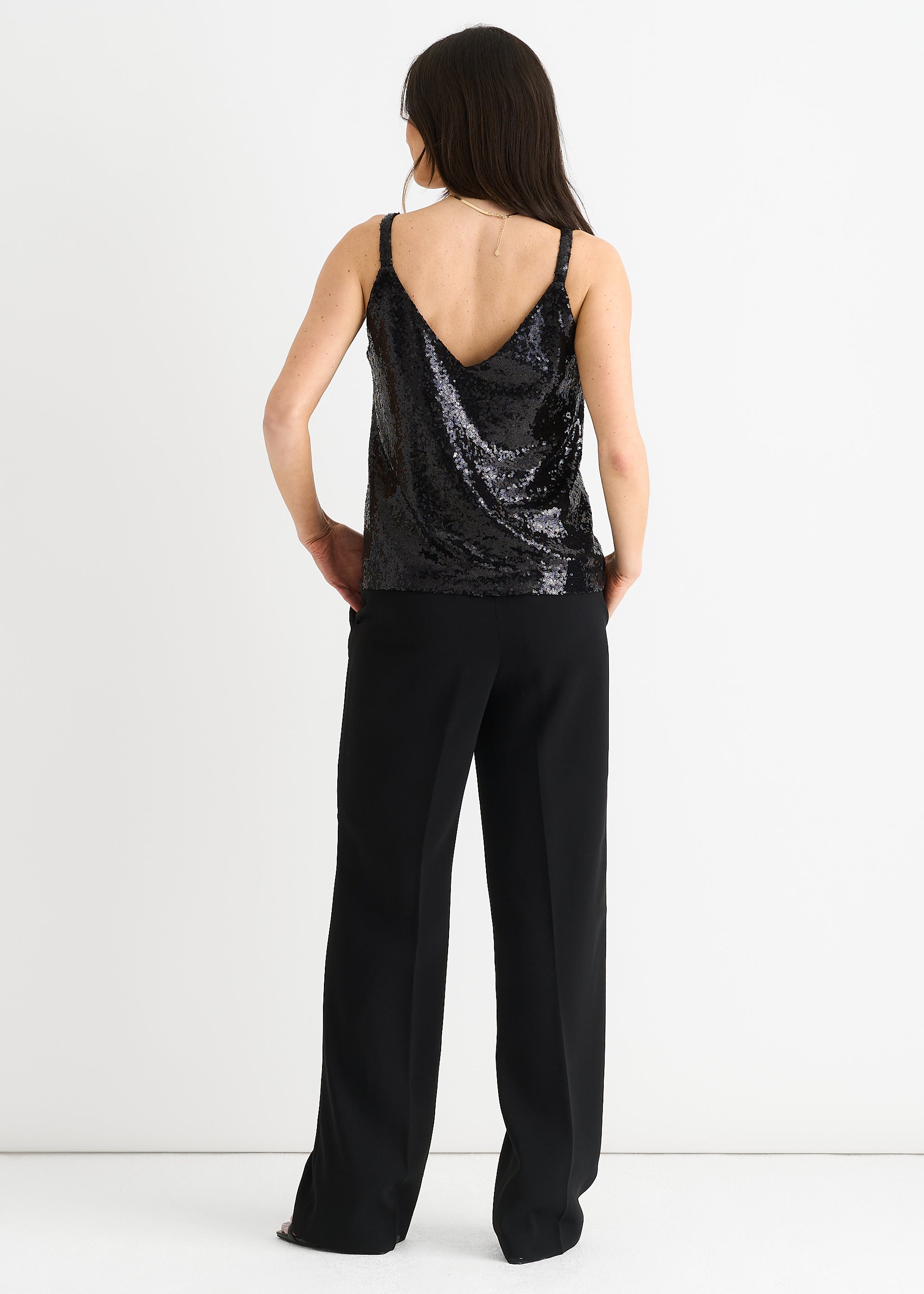 Black Sequin V Neck Cami Top