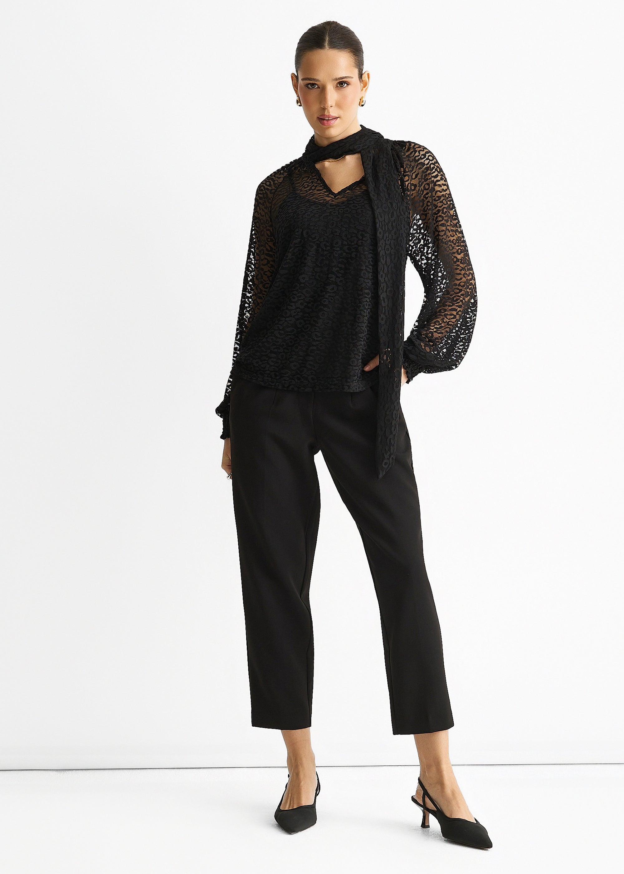 Black Animal Lace Neck Tie Detail Blouse