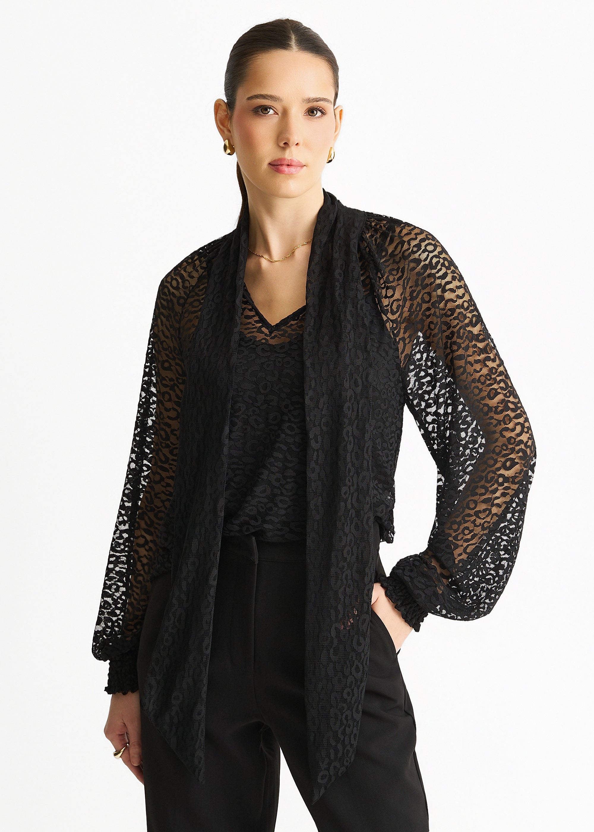 Black Animal Lace Neck Tie Detail Blouse