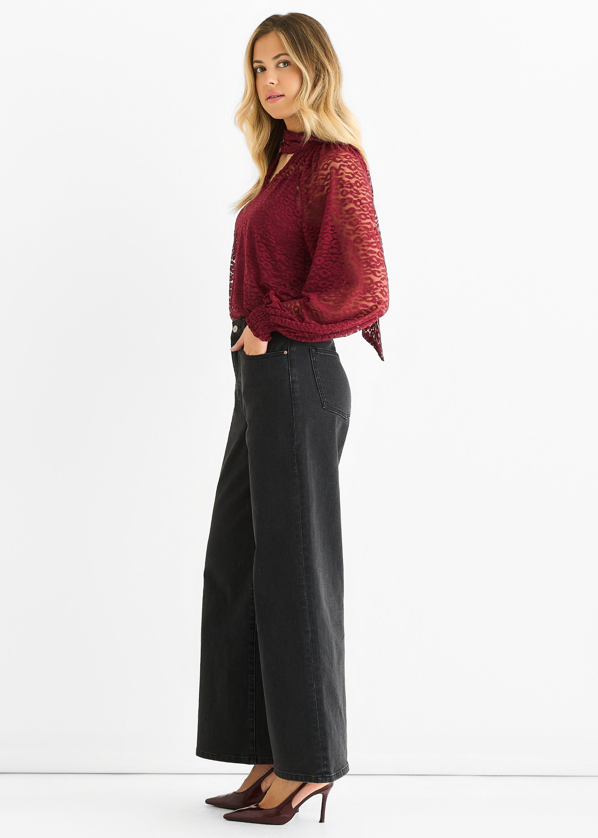 Burgundy Animal Lace Neck Tie Detail Blouse