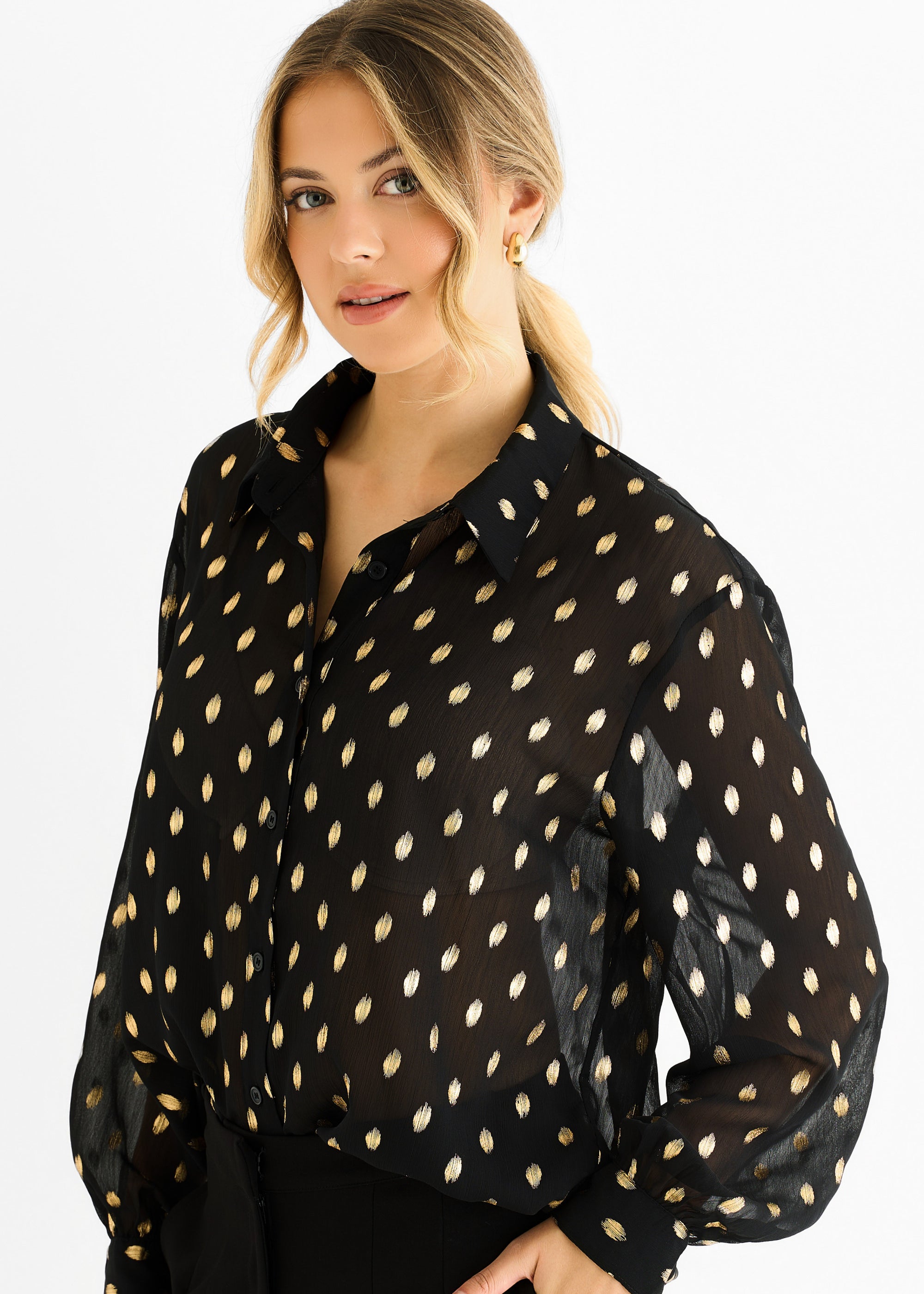 Black Chiffon Foil Jacquard Sheer Shirt