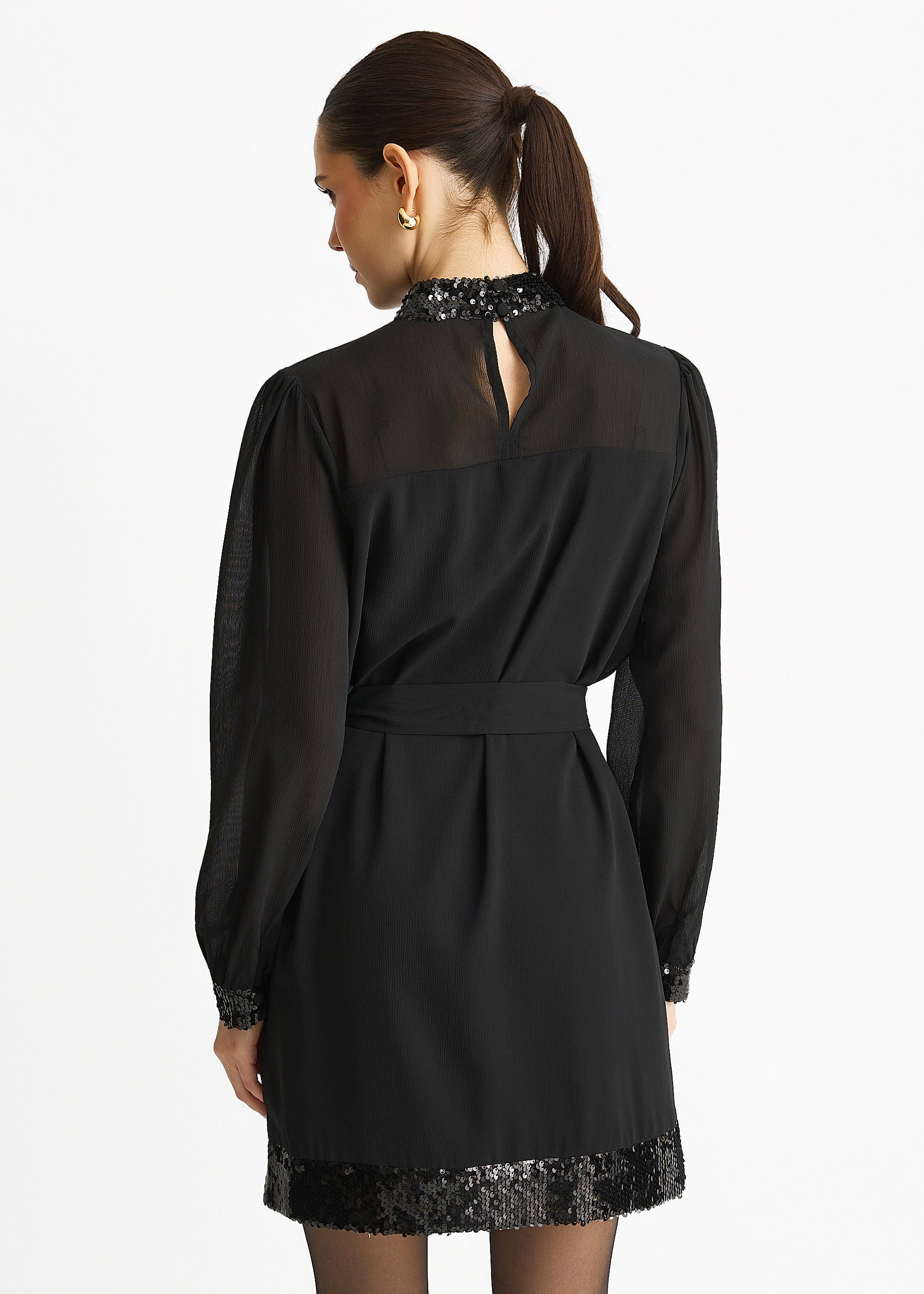 Black Sequin Trim High Neck Belted Mini Dress