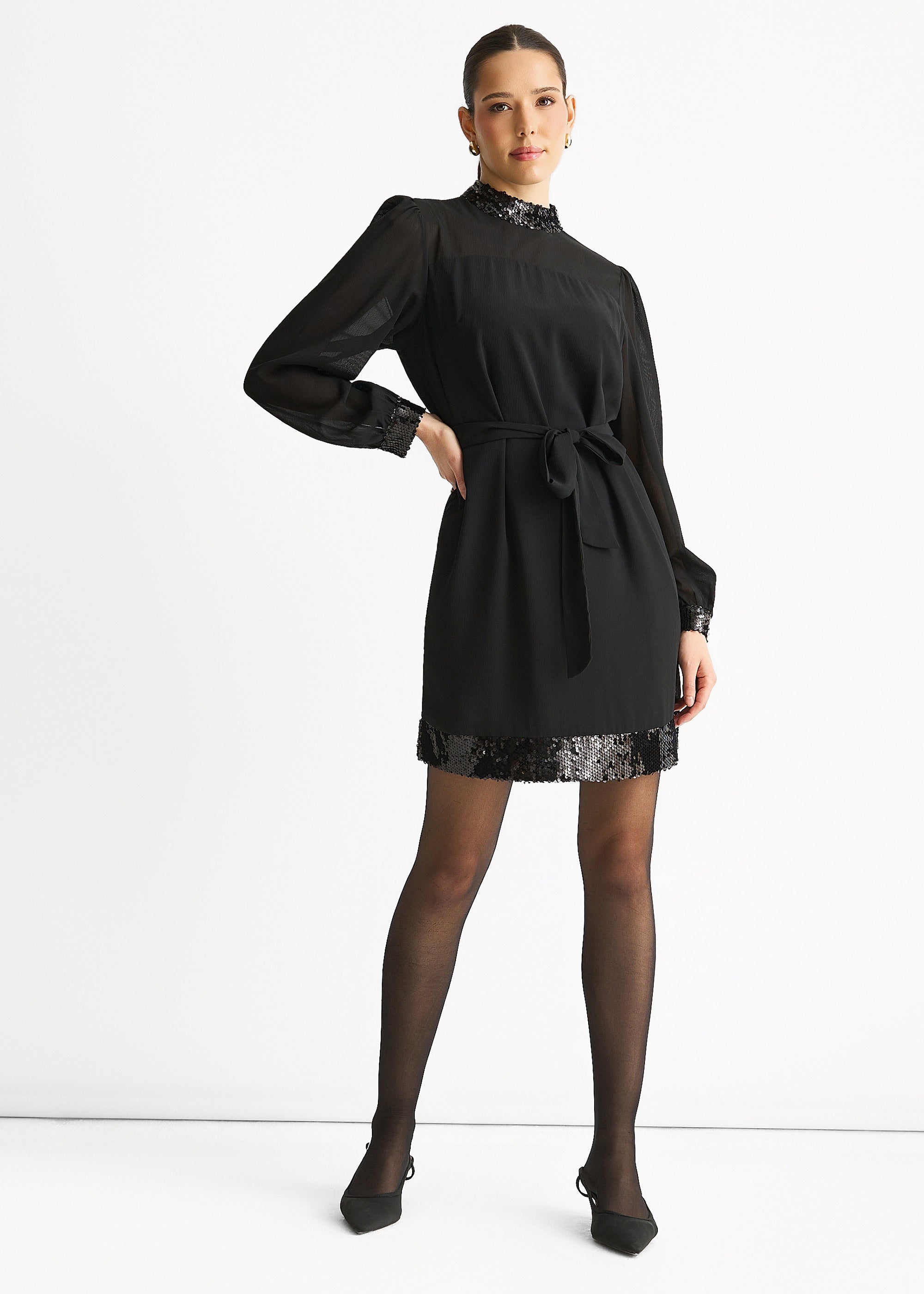 Black Sequin Trim High Neck Belted Mini Dress