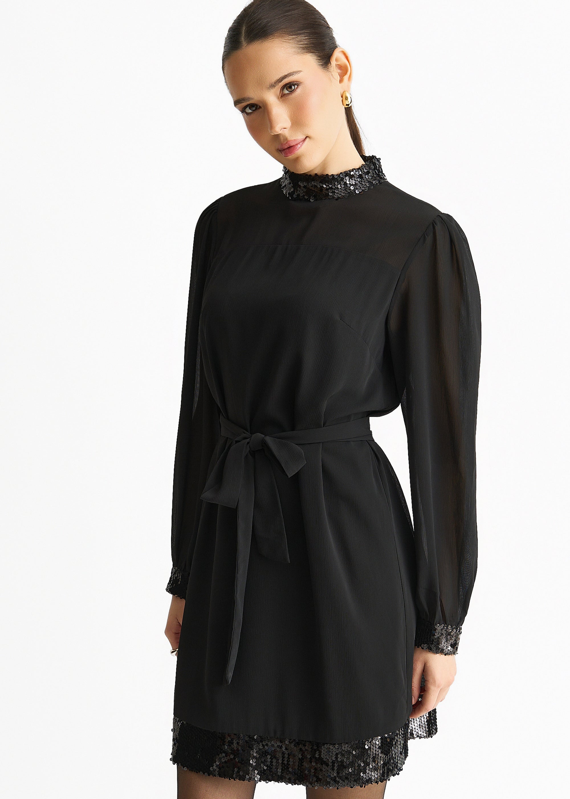 Black Sequin Trim High Neck Belted Mini Dress