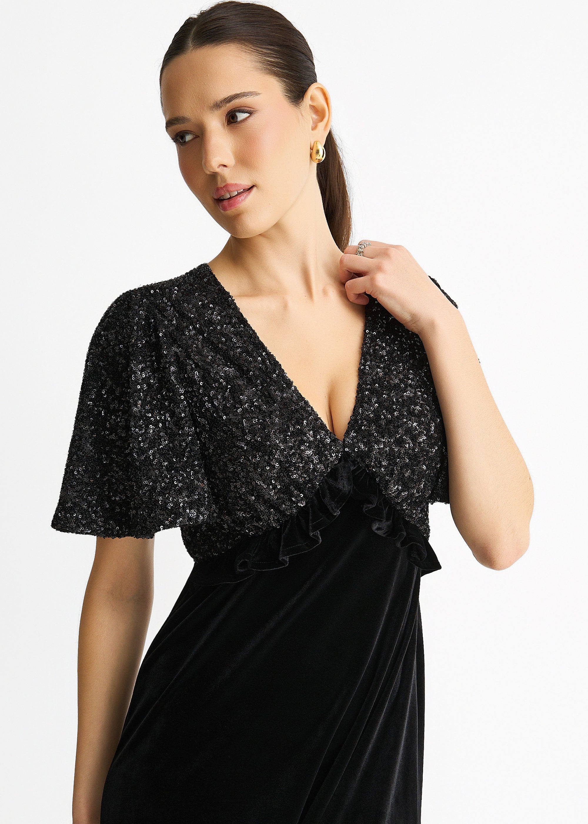 Black Sequin Top Premium Velvet Occasion Midi Dress