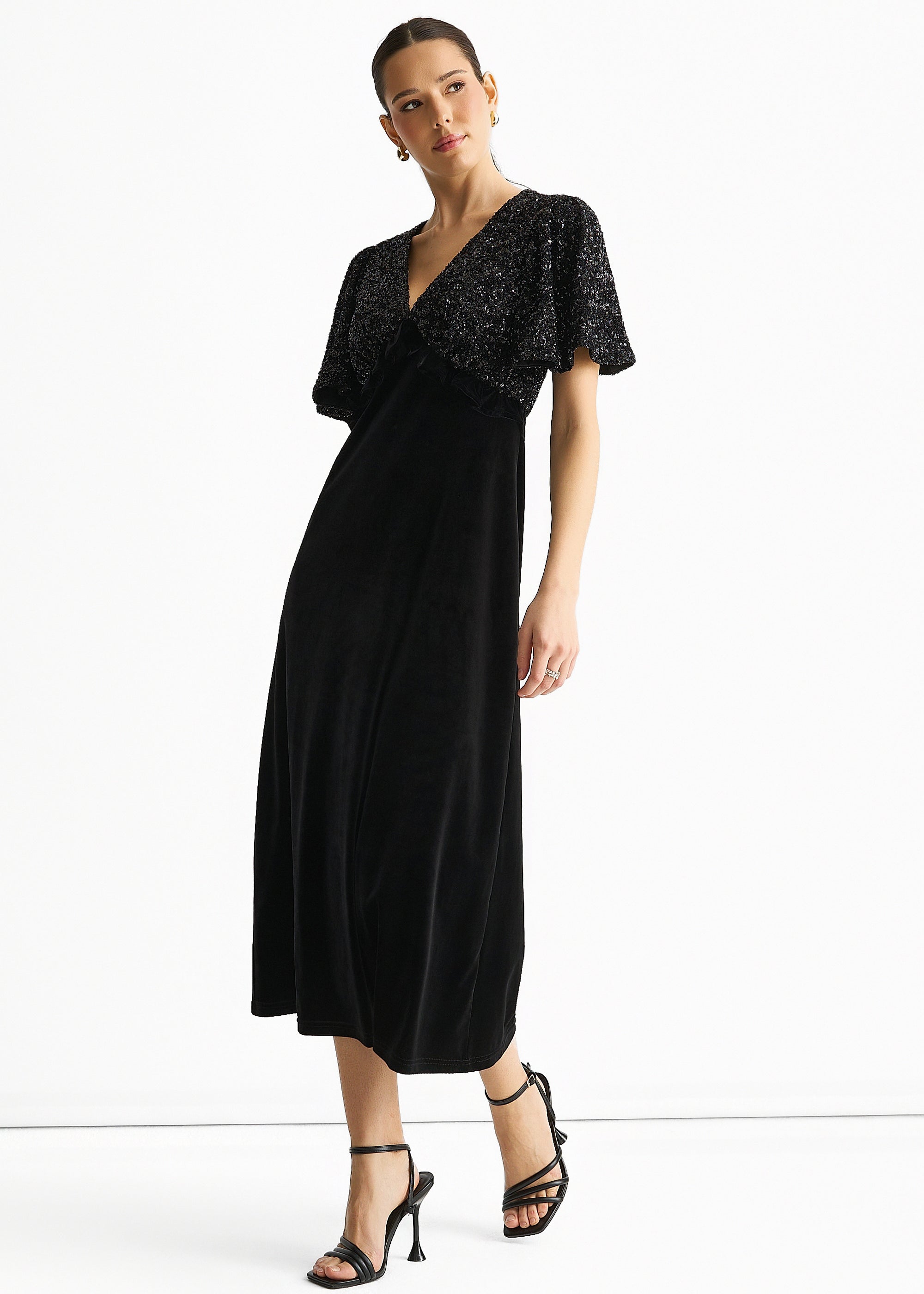 Black Sequin Top Premium Velvet Occasion Midi Dress