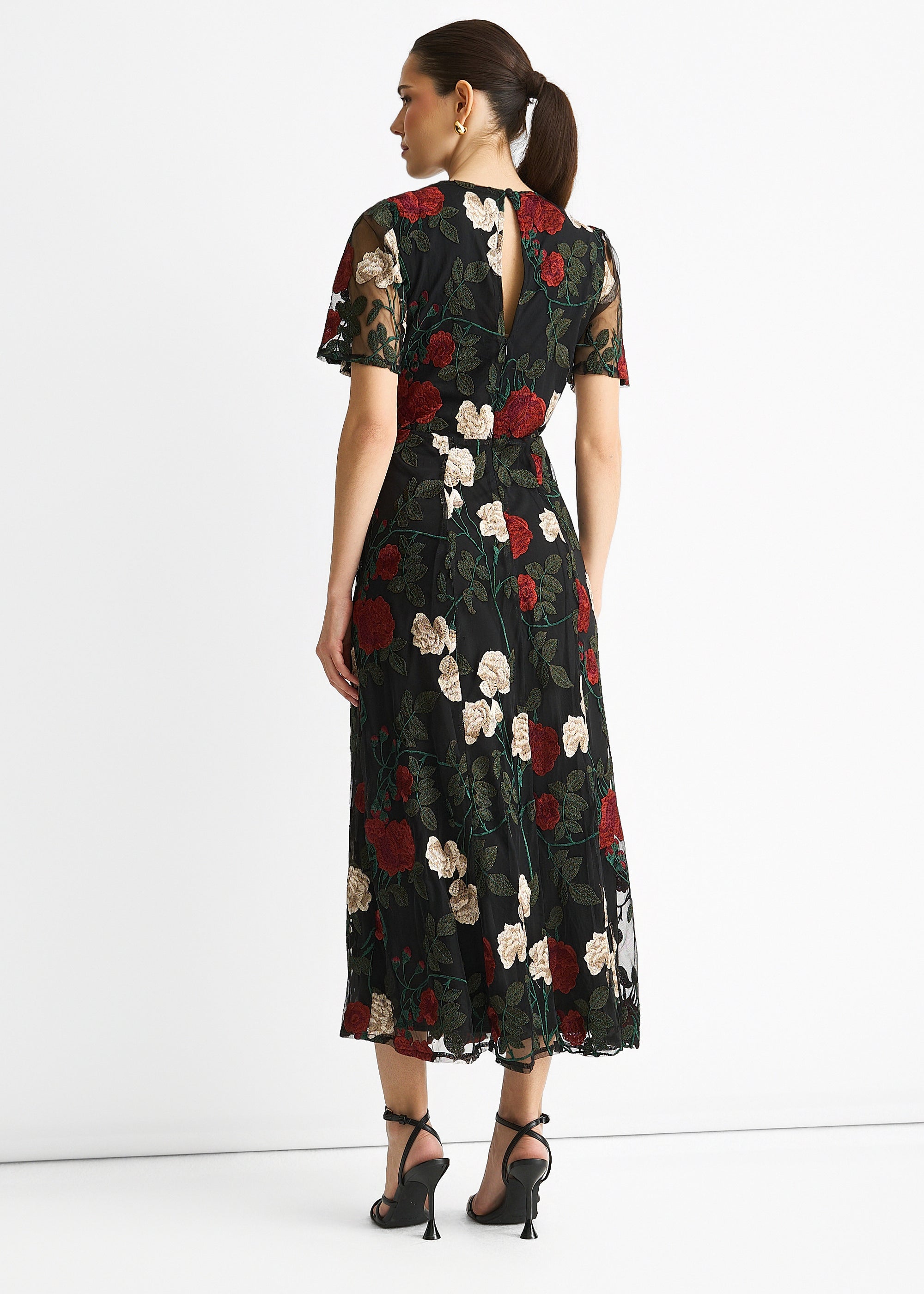 Black Angel Sleeves Embroidered Occasion Midi Dress