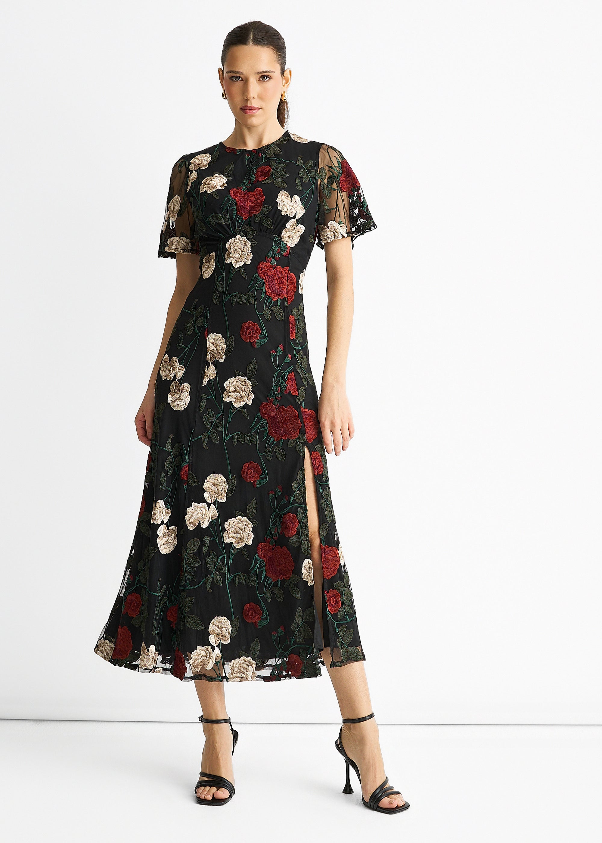 Black Angel Sleeves Embroidered Occasion Midi Dress
