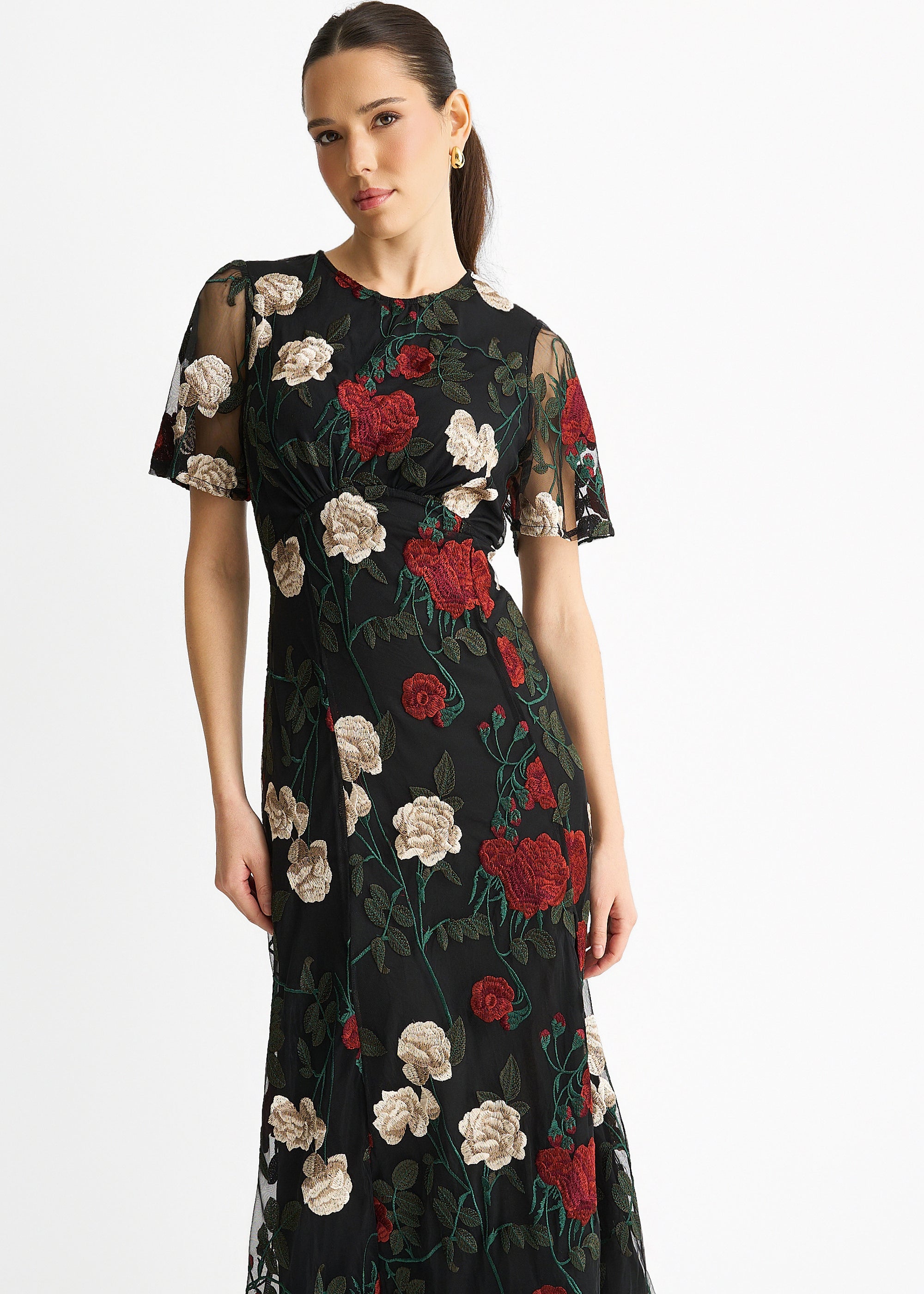 Black Angel Sleeves Embroidered Occasion Midi Dress