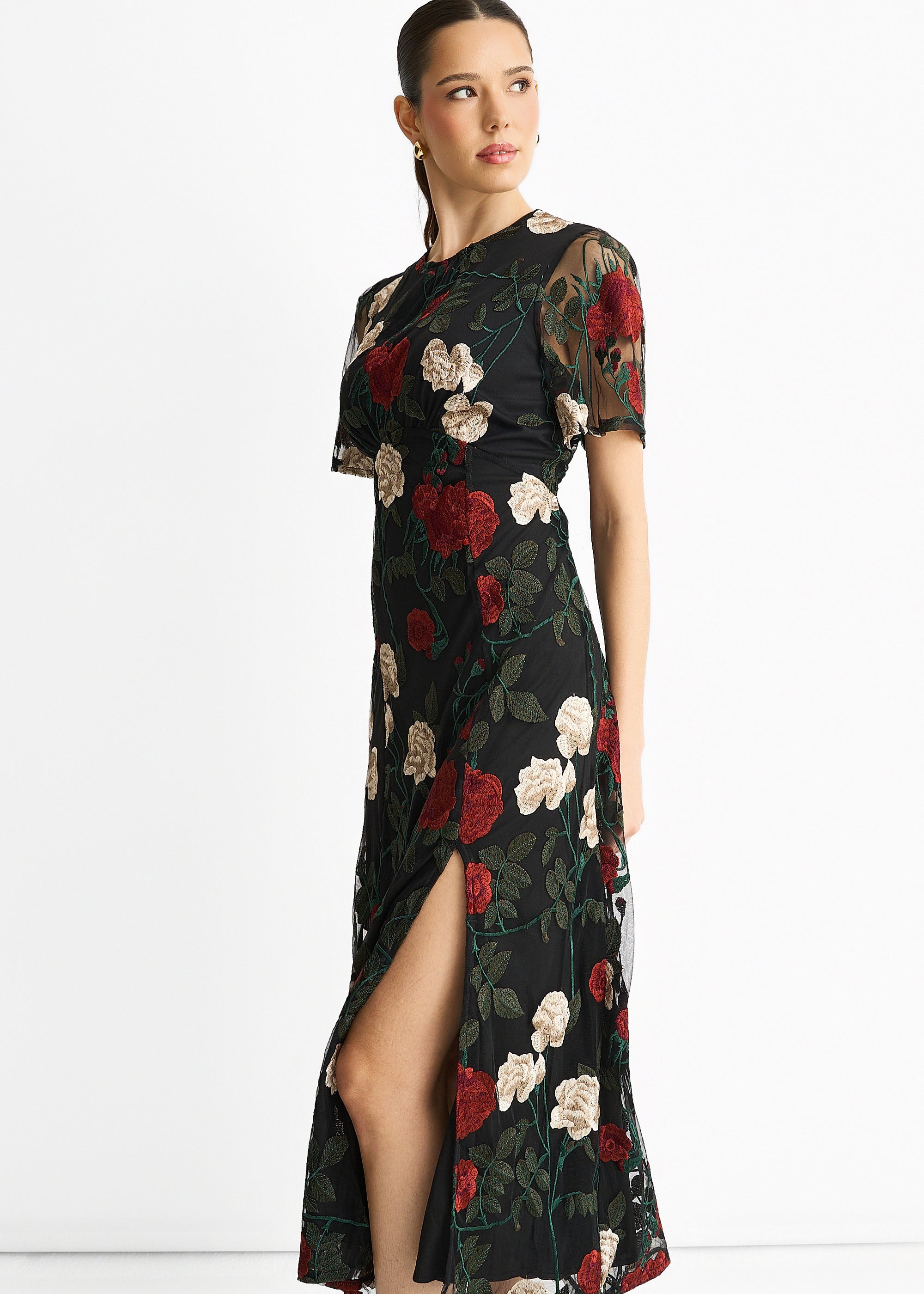 Black Angel Sleeves Embroidered Occasion Midi Dress