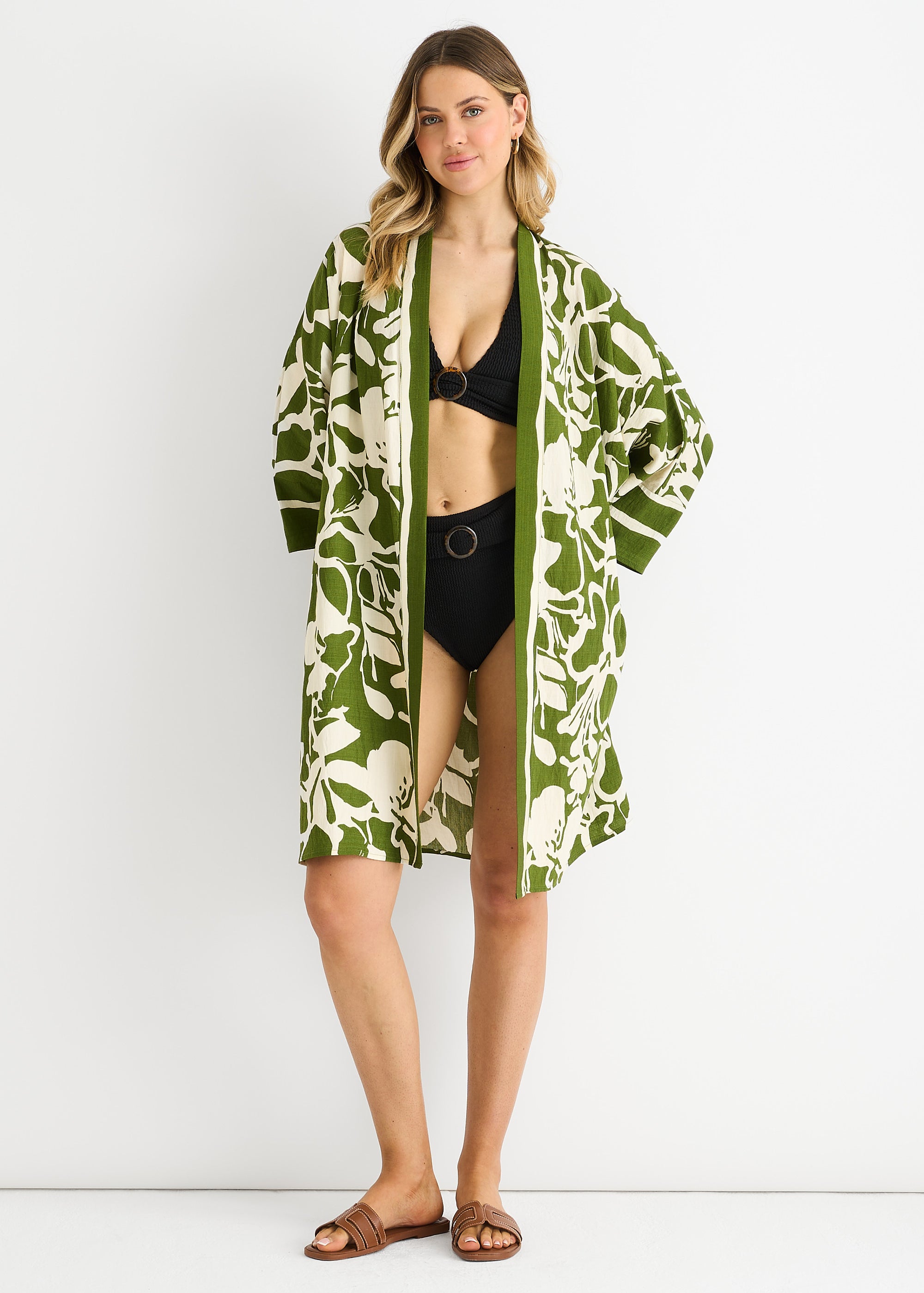 Green Summer Border Printed Beach Kimono