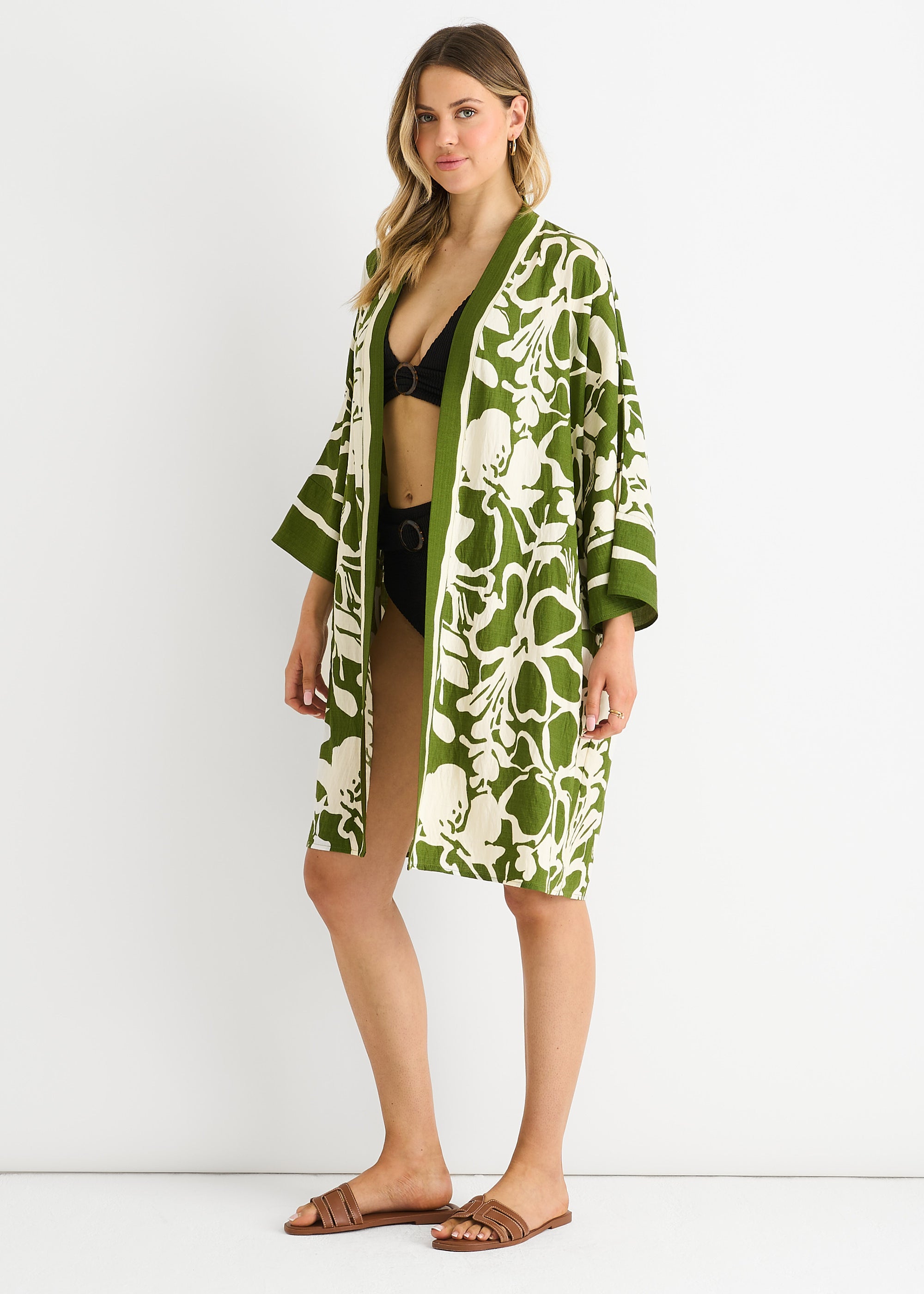 Green Summer Border Printed Beach Kimono