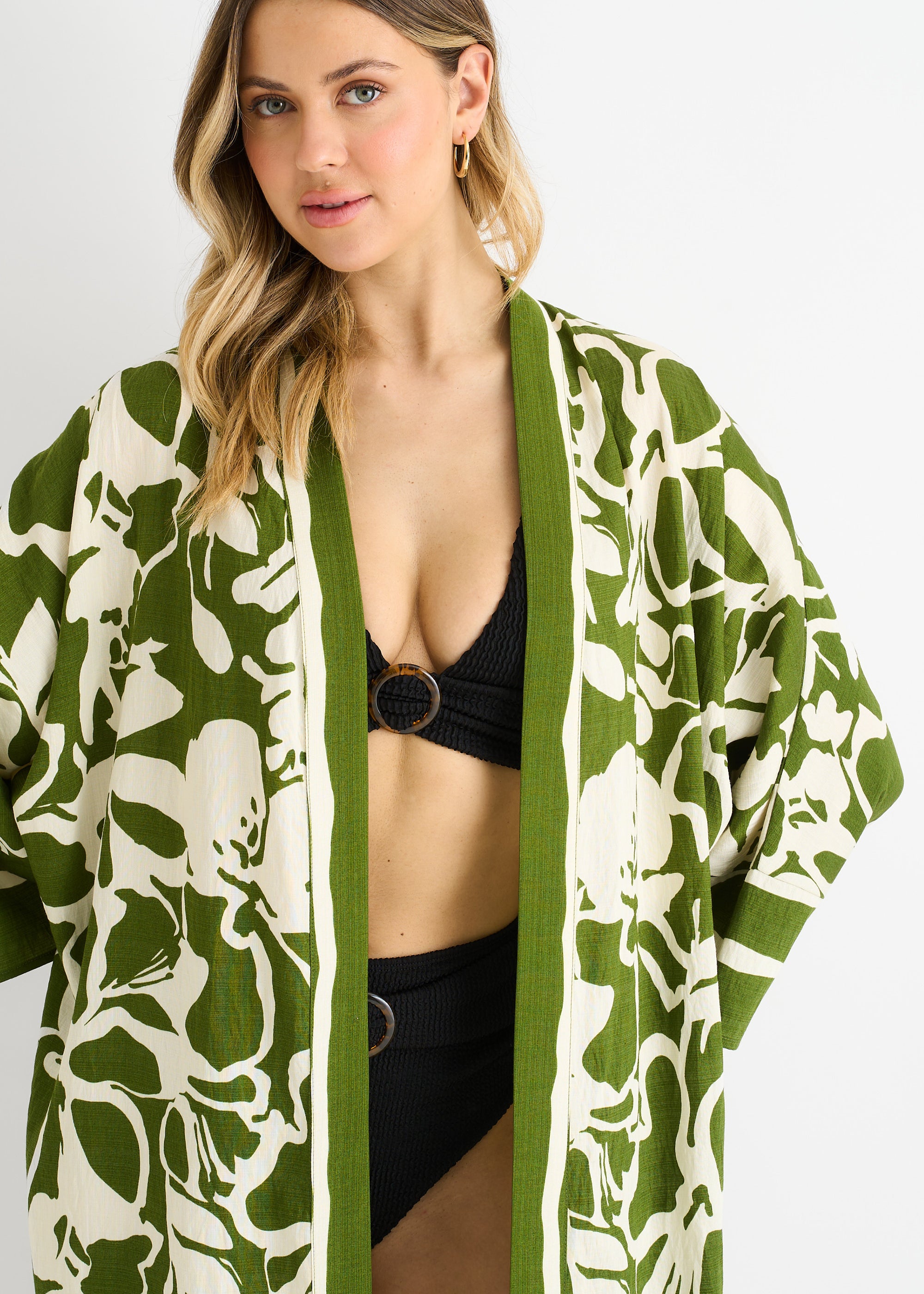 Green Summer Border Printed Beach Kimono