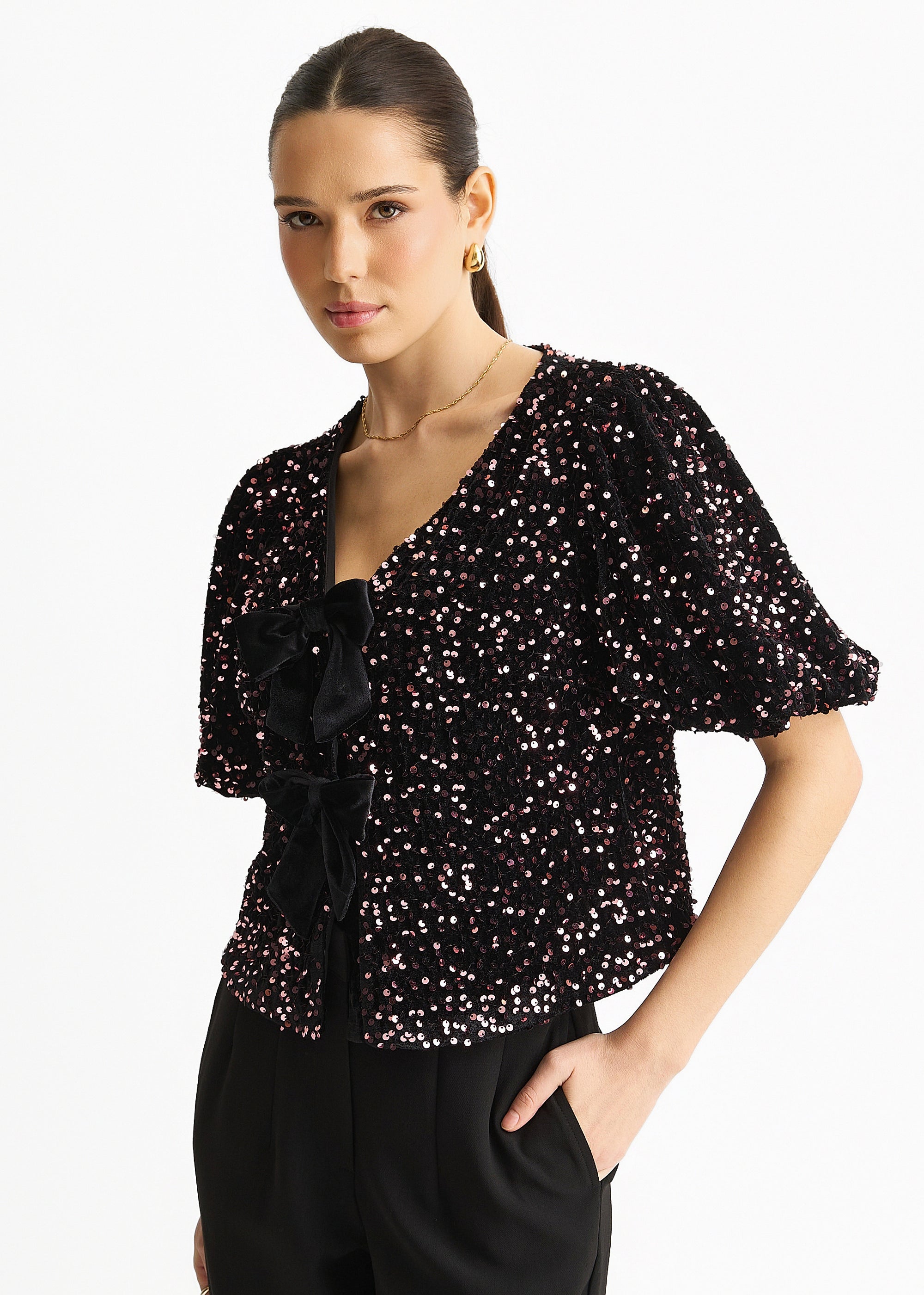 Purple Velvet Sequin Bow Front Bubble Sleeve Top