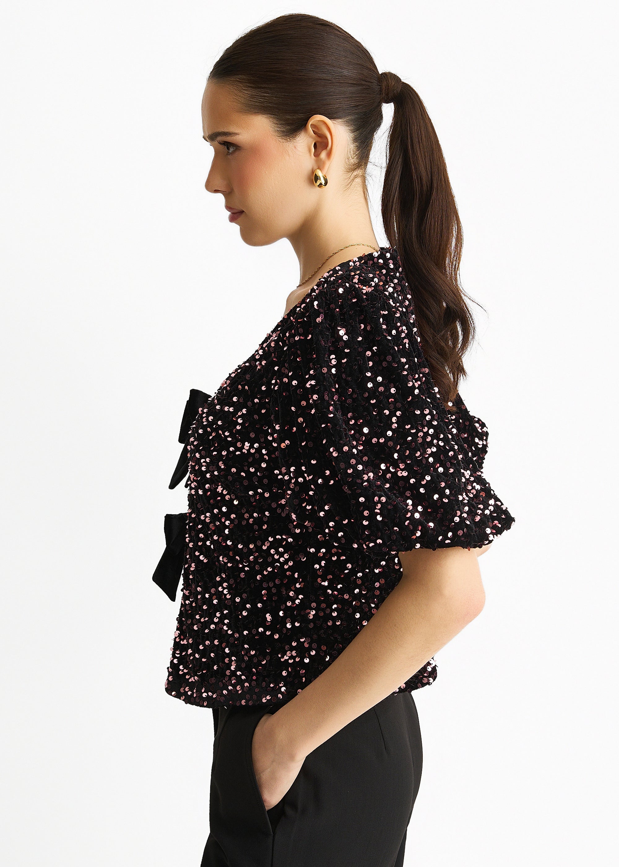 Purple Velvet Sequin Bow Front Bubble Sleeve Top