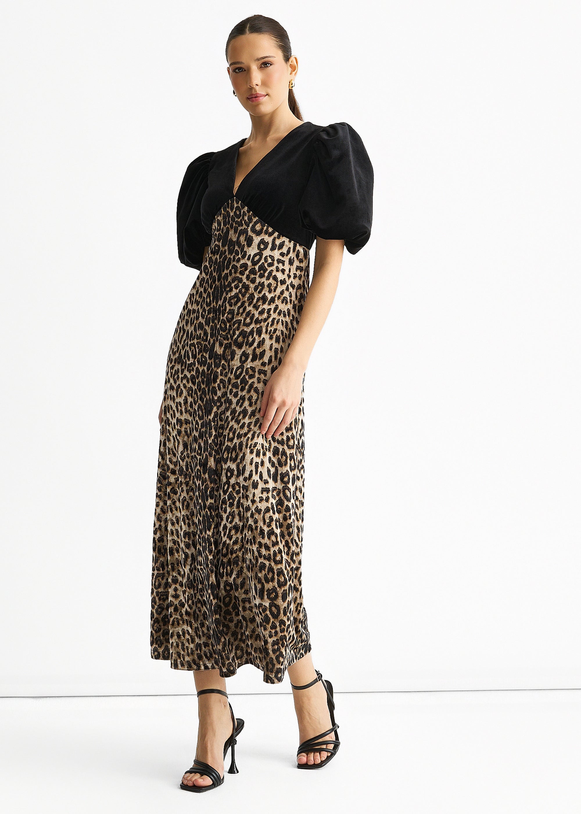 Black Animal Velvet Contrast Top Occasion Midi Dress