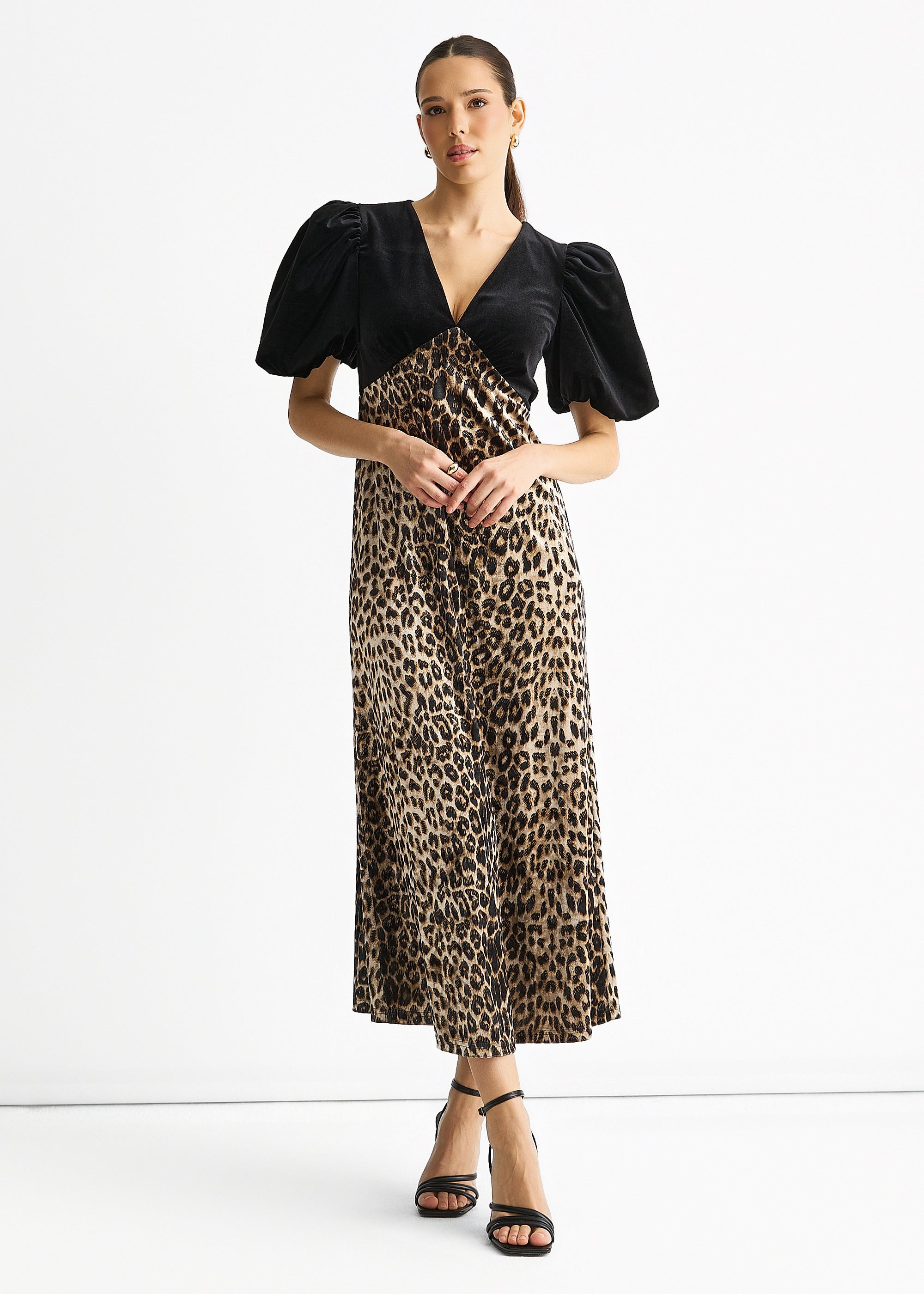 Black Animal Velvet Contrast Top Occasion Midi Dress