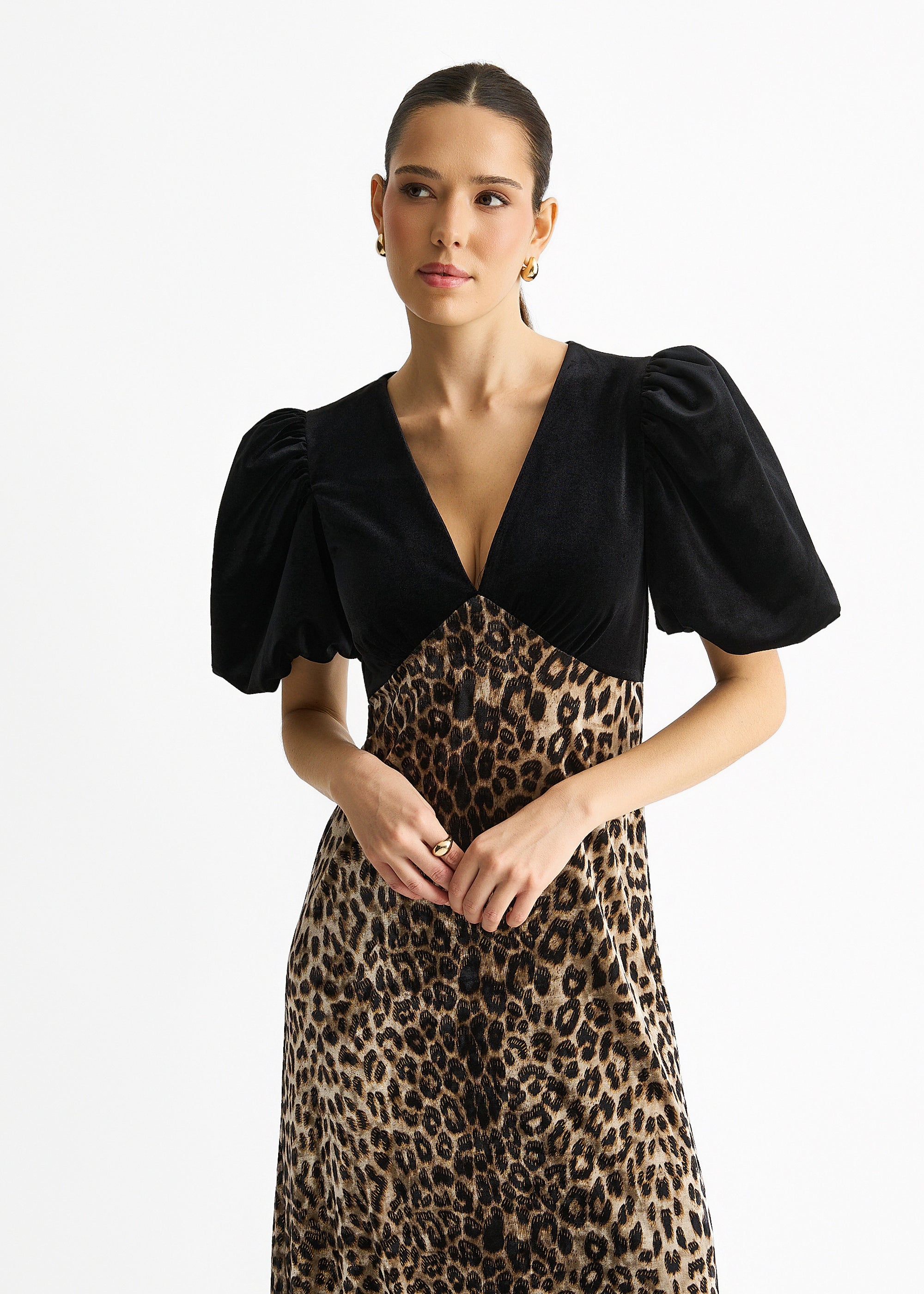 Black Animal Velvet Contrast Top Occasion Midi Dress