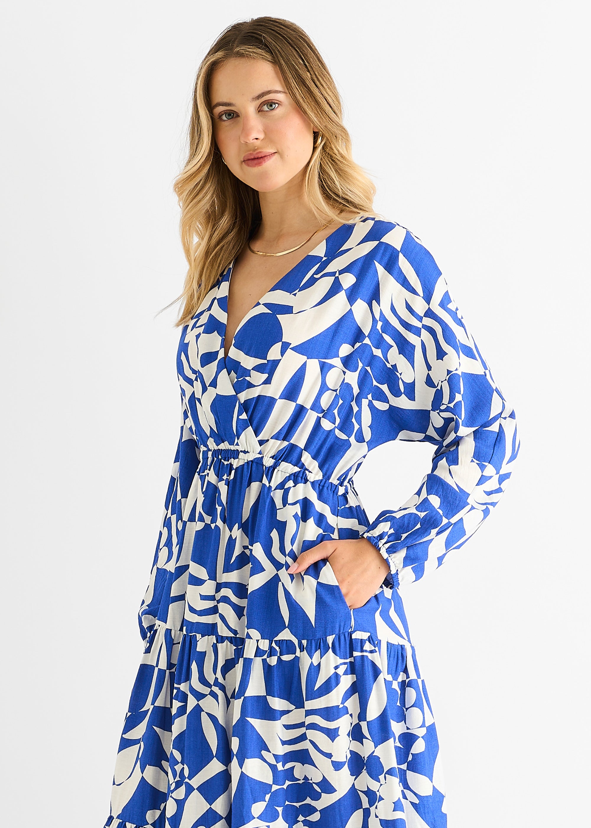 Blue Abstract Wrap Elasticated Waist Midaxi Dress