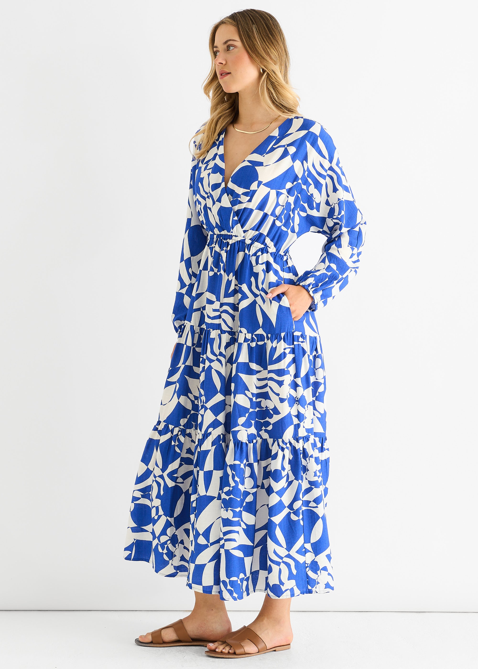 Blue Abstract Wrap Elasticated Waist Midaxi Dress