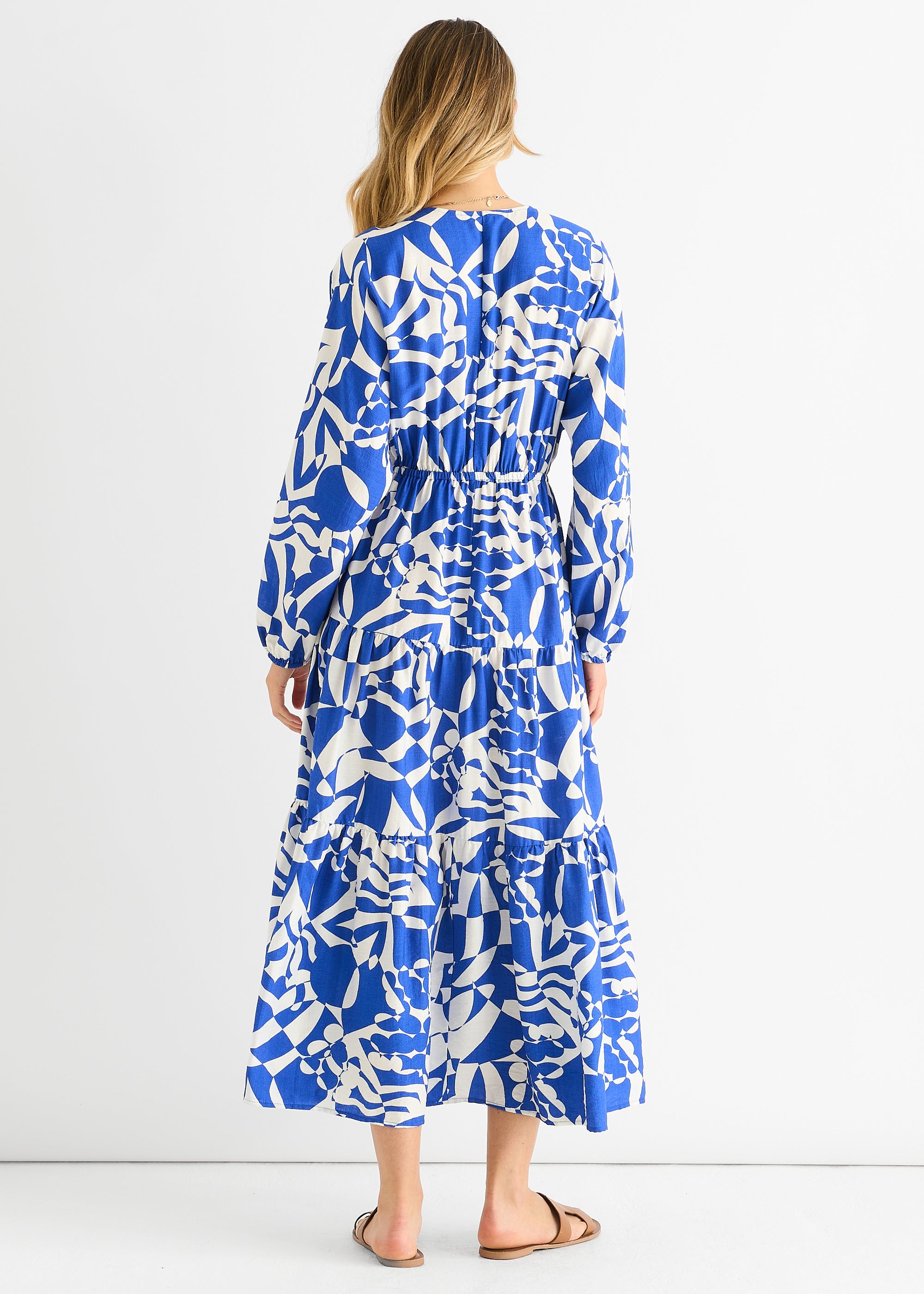 Blue Abstract Wrap Elasticated Waist Midaxi Dress