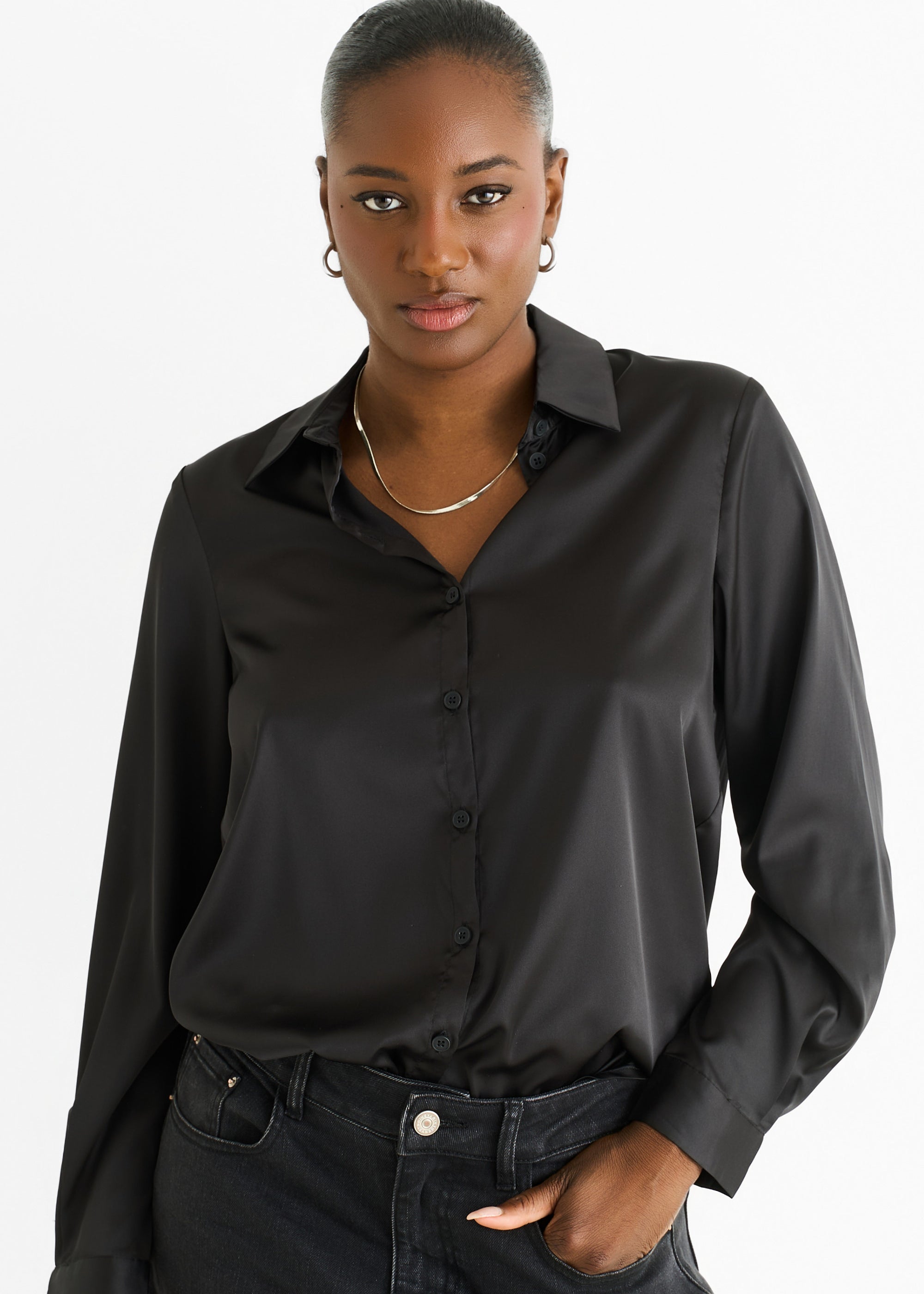 Black Satin Loose Fit Button Through Shirt