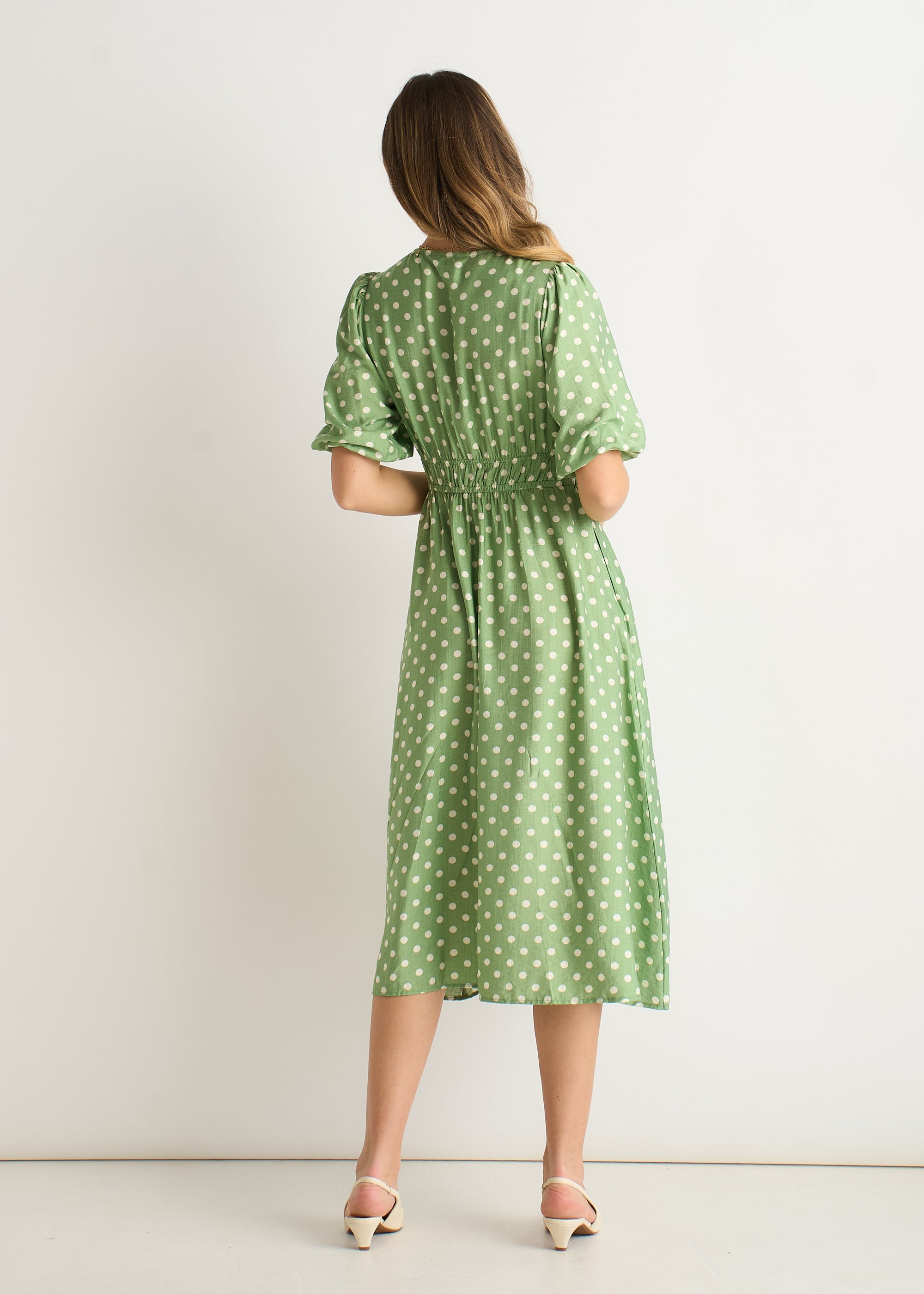 Sage Green Spot Print Shirred Waist Shift Midi Dress