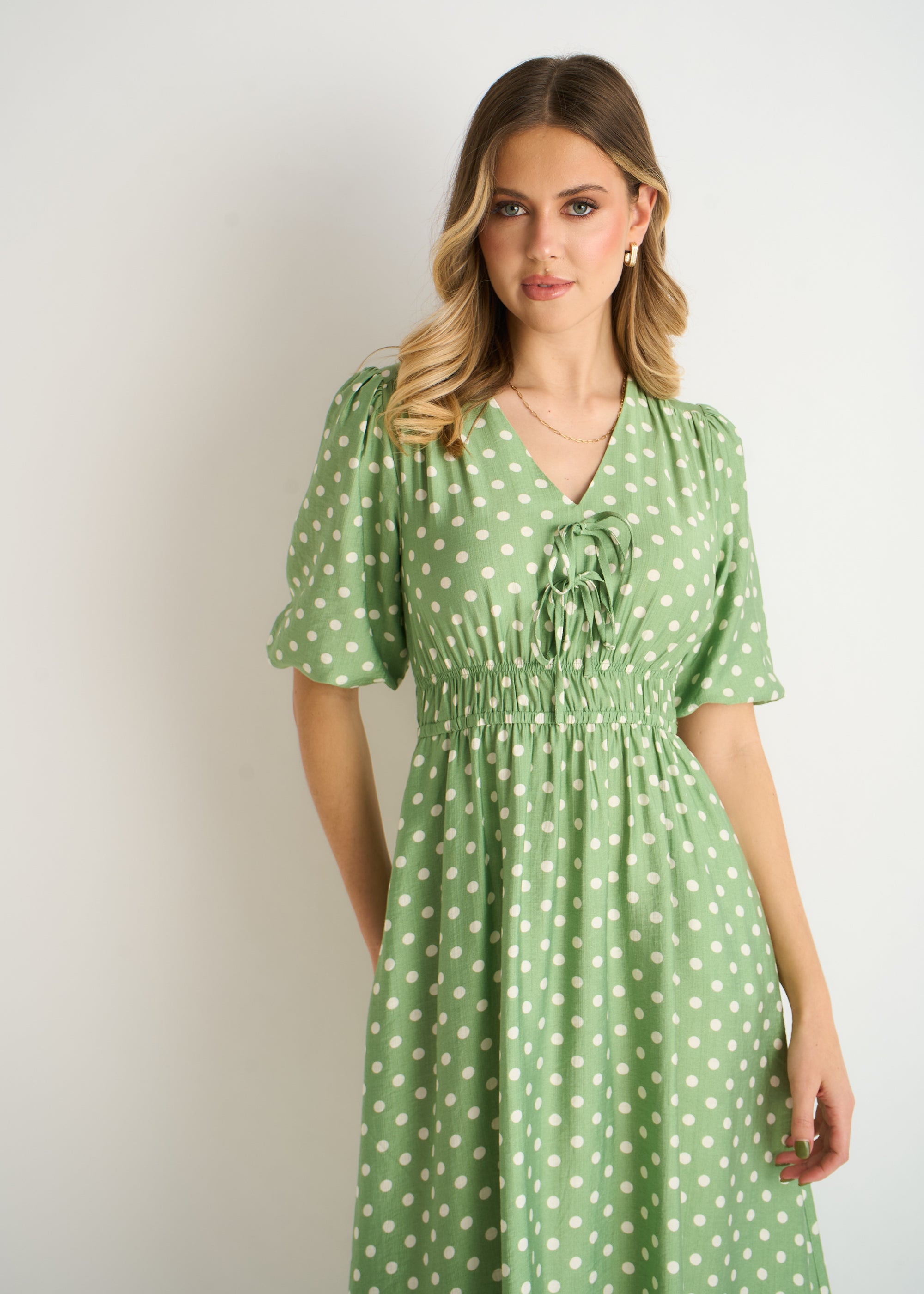 Sage Green Spot Print Shirred Waist Shift Midi Dress
