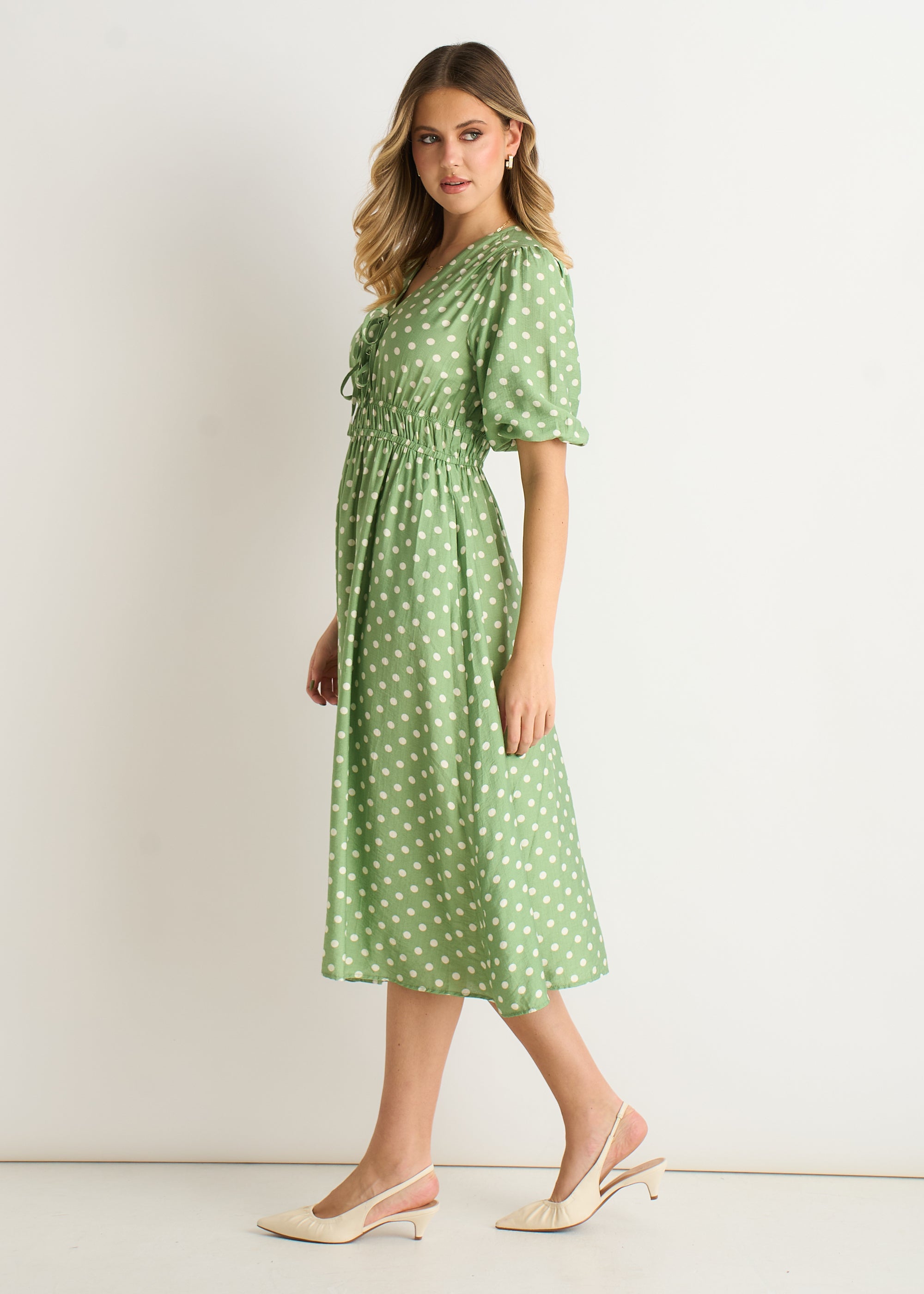 Sage Green Spot Print Shirred Waist Shift Midi Dress