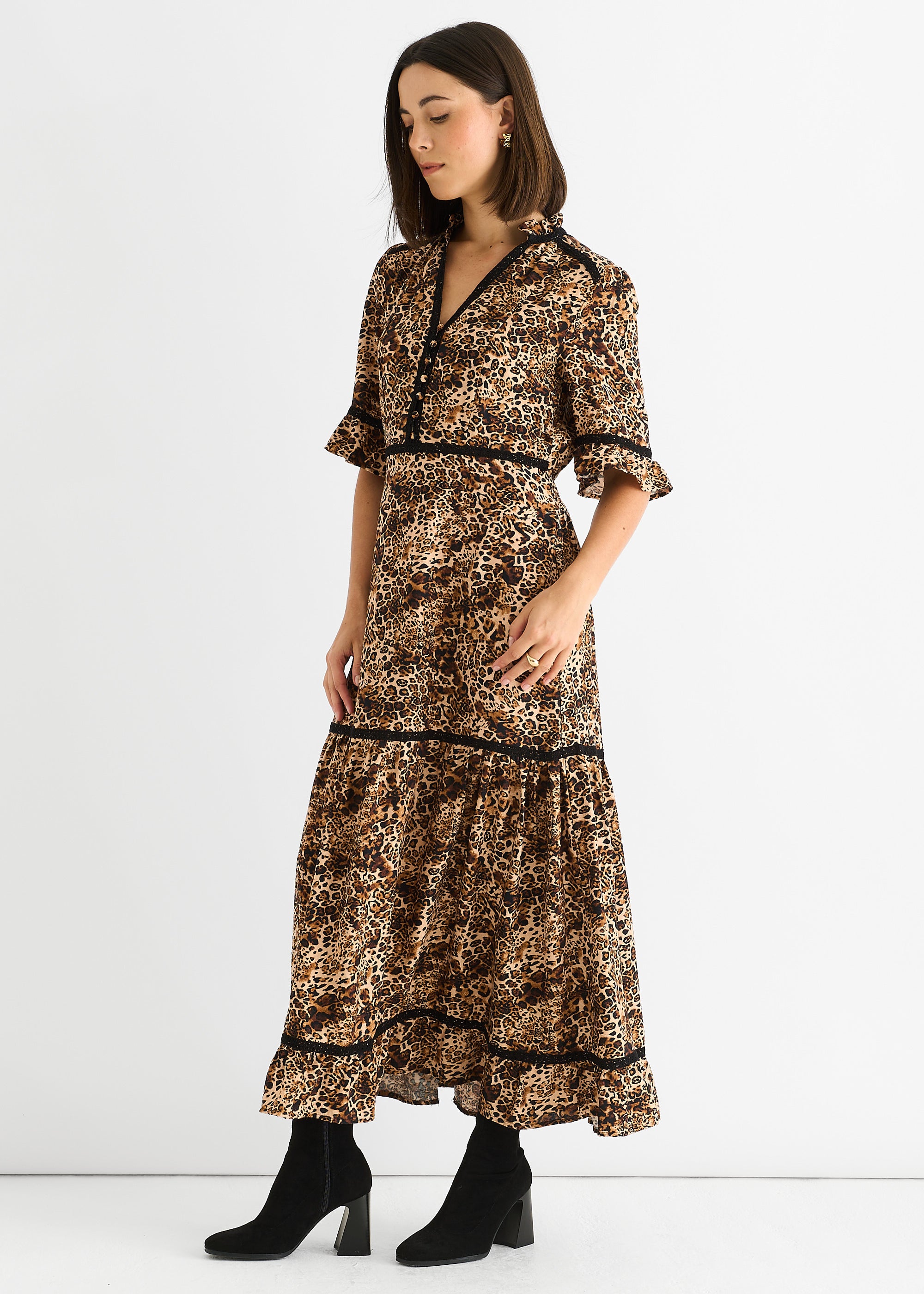 Brown Animal Print Lace Trim Tiered Midi Dress