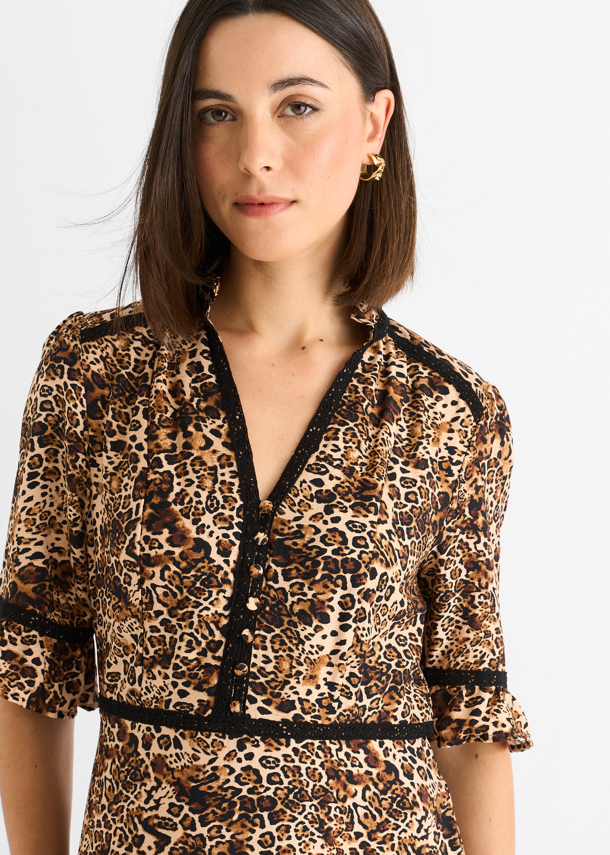 Brown Animal Print Lace Trim Tiered Midi Dress