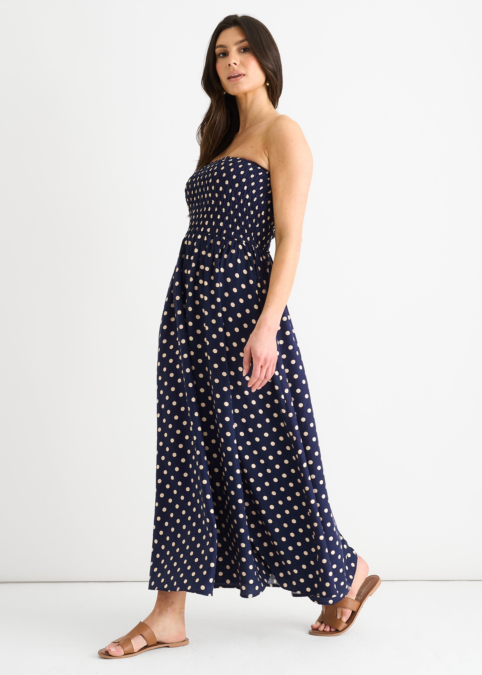 Navy Shirred Top Viscose Spot Midi Dress